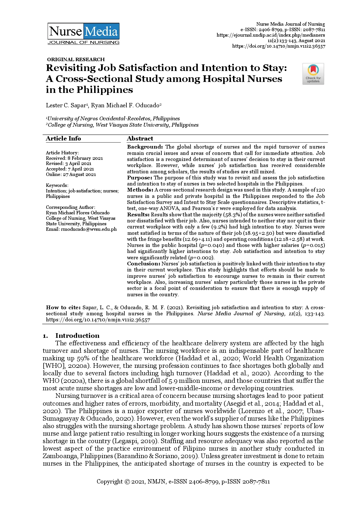 juris Revisiting Job Satisfaction and Intention to Stay A Cross sectional Study among Hospital Nurses in the Philippines