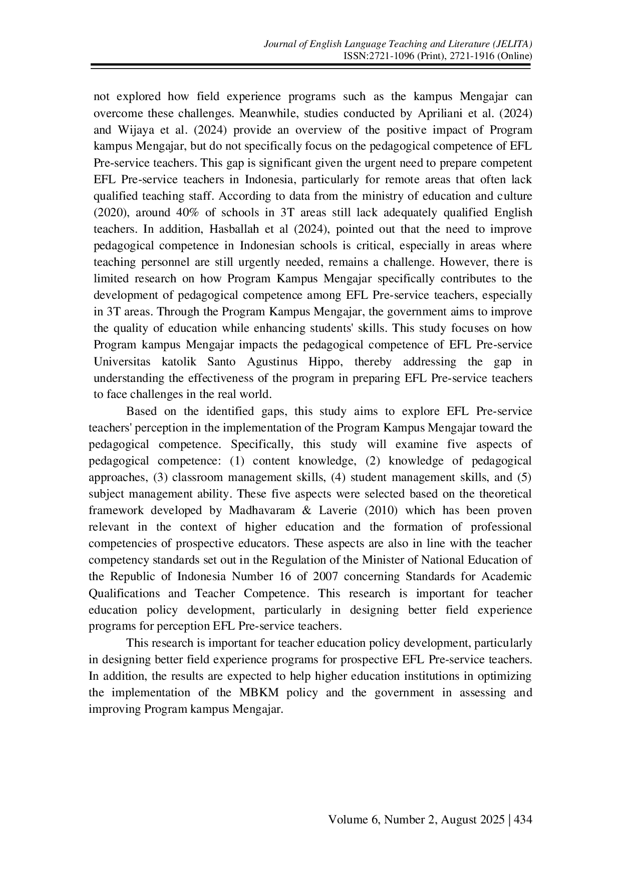 JURIS EFL Pre Service Teachers Perception in the Implementation of the Program Kampus Mengajar toward The Pedagogical Competence