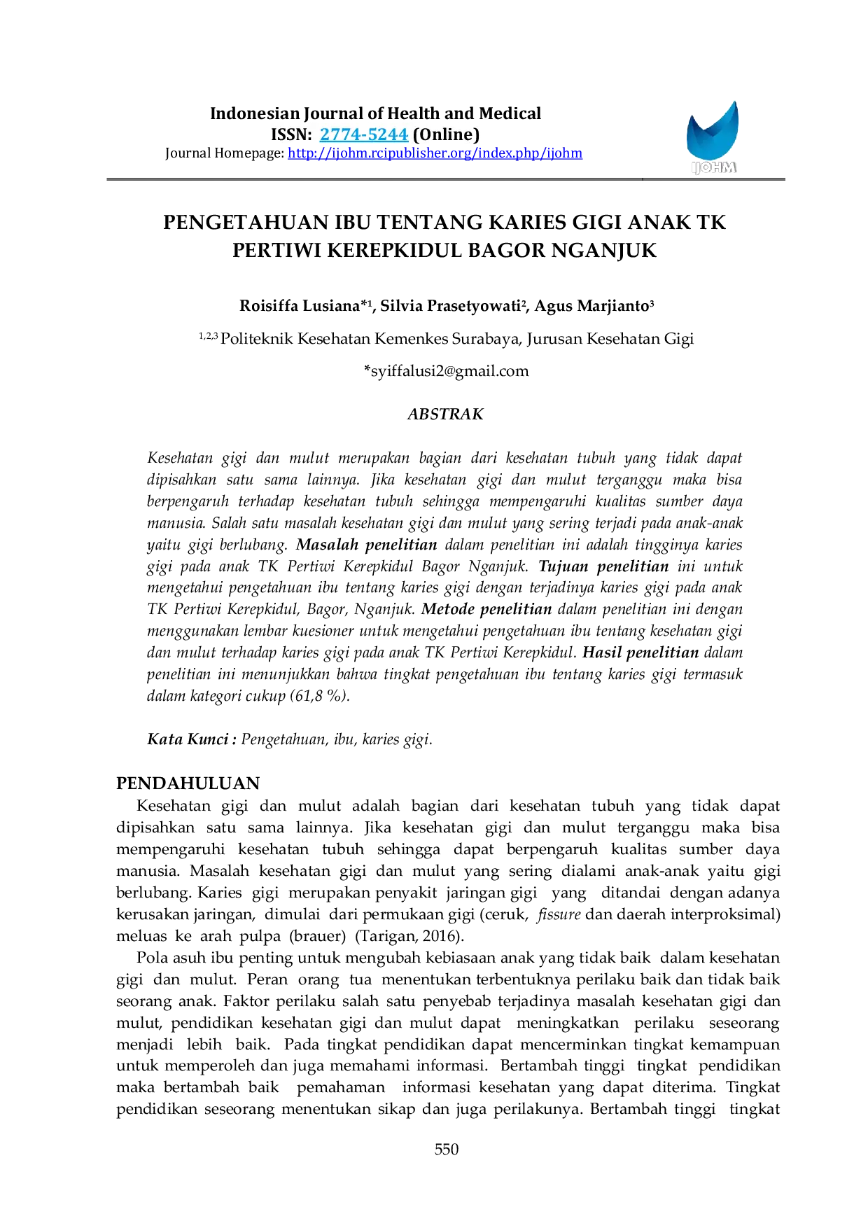 JURIS Pengetahuan Ibu Tentang Karies Gigi Anak Tk Pertiwi Kerepkidul Bagor Nganjuk