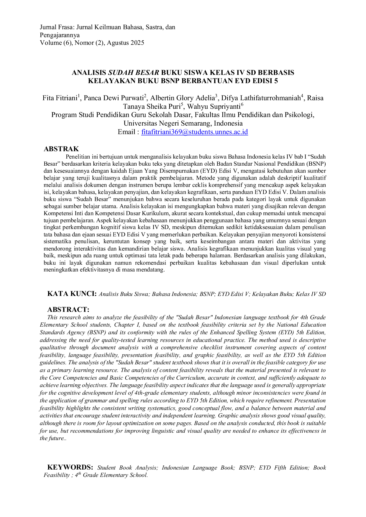 JURIS Analisis Sudah Besar Buku Siswa Kelas IV SD Berbasis Kelayakan Buku BSNP Berbantuan EYD Edisi 5
