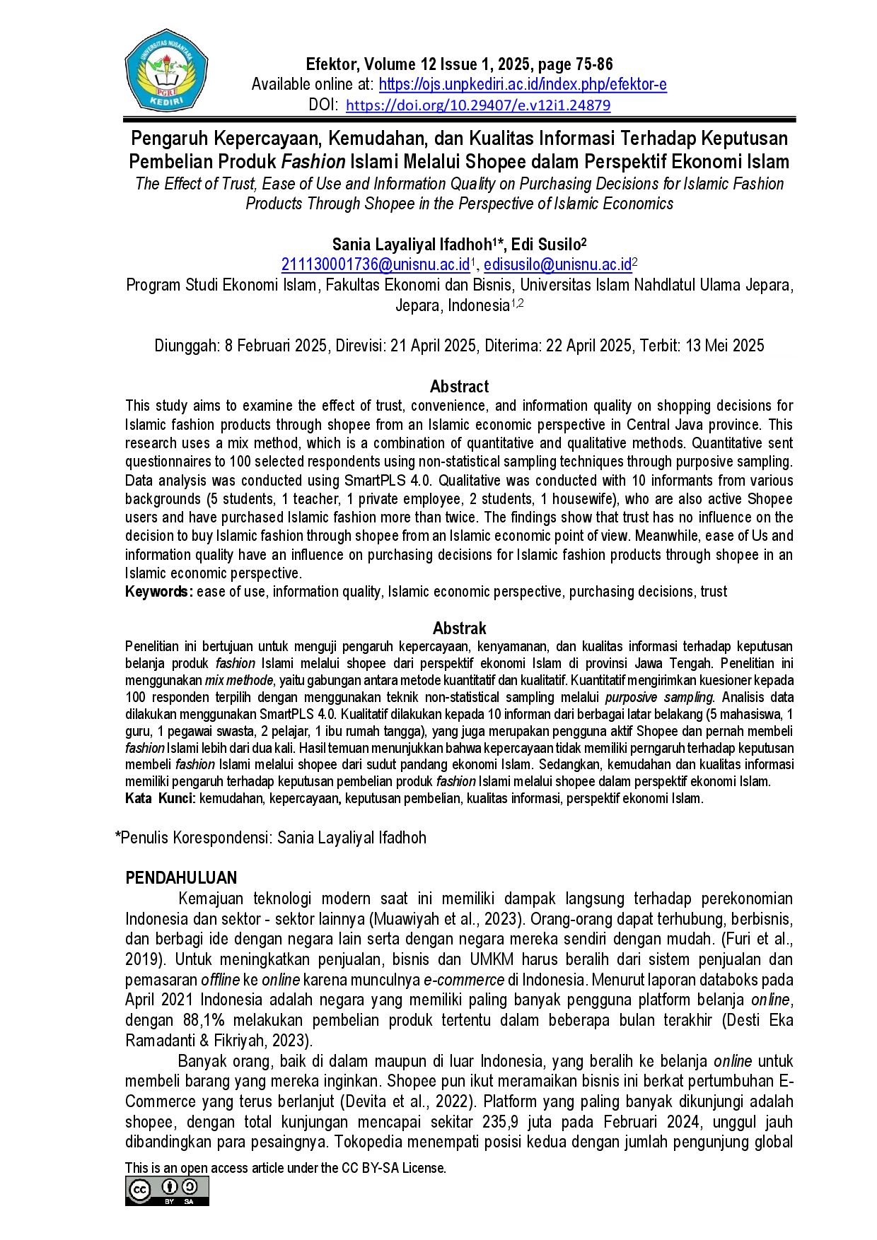 juris Pengaruh Kepercayaan Kemudahan dan Kualitas Informasi Terhadap Keputusan Pembelian Produk Fashion Islami Melalui Shopee dalam Perspektif Ekonomi Islam