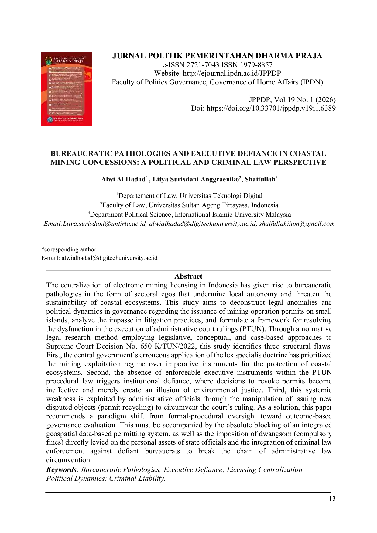 JURIS Bureaucratic Pathologies and Executive Defiance in Coastal Mining Concessions A Political and Criminal Law Perspective