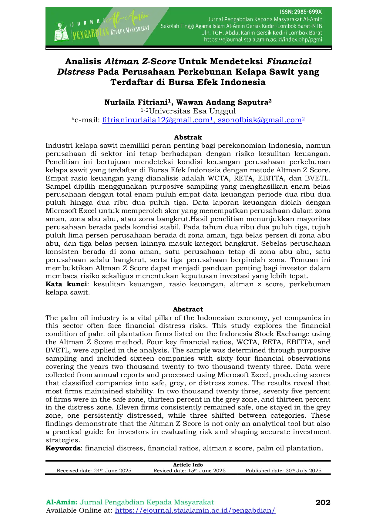 JURIS Analisis Altman Z Score Untuk Mendeteksi Financial Distress Pada Perusahaan Perkebunan Kelapa Sawit yang Terdaftar di Bursa Efek Indonesia