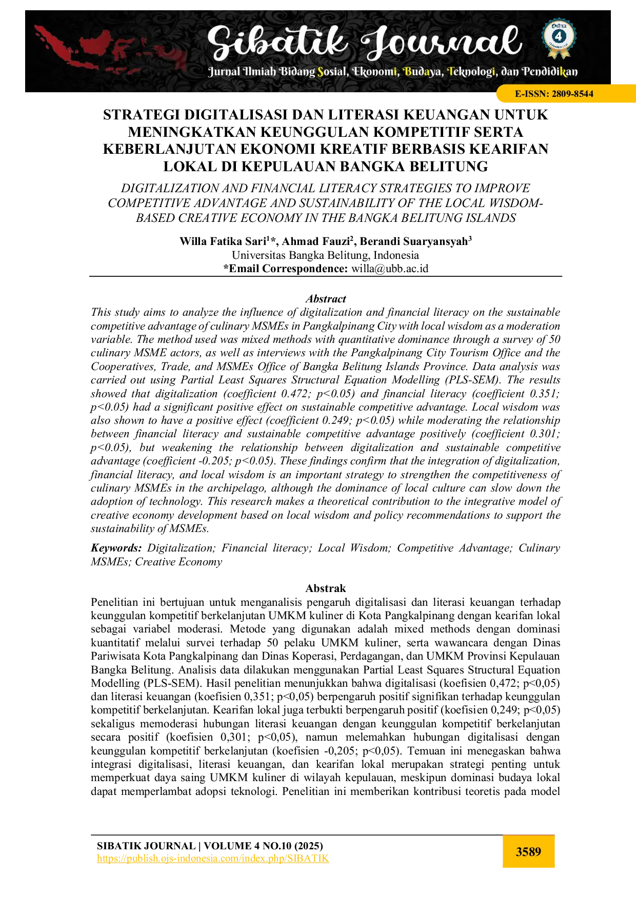 JURIS Strategi Digitalisasi Dan Literasi Keuangan Untuk Meningkatkan Keunggulan Kompetitif Serta Keberlanjutan Ekonomi Kreatif Berbasis Kearifan Lokal Di Kepulauan Bangka Belitung