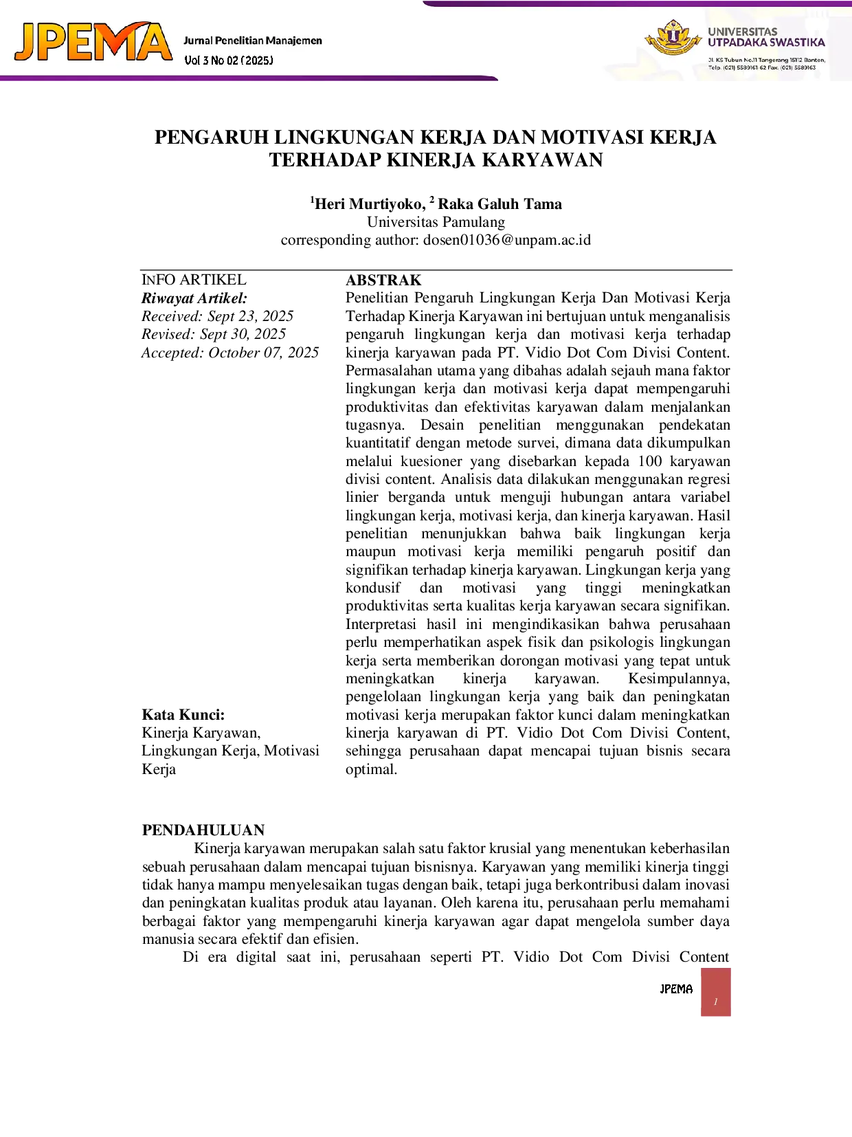 JURIS Pengaruh Lingkungan Kerja Dan Motivasi Kerja Terhadap Kinerja Karyawan