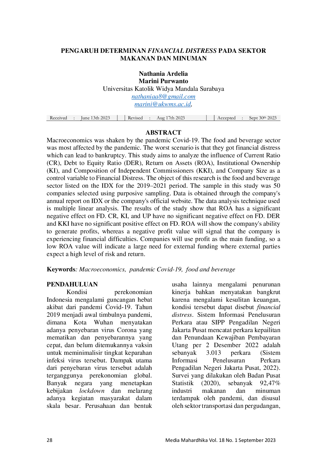 JURIS Pengaruh Determinan Financial Distress Pada Sektor Makanan Dan Minuman