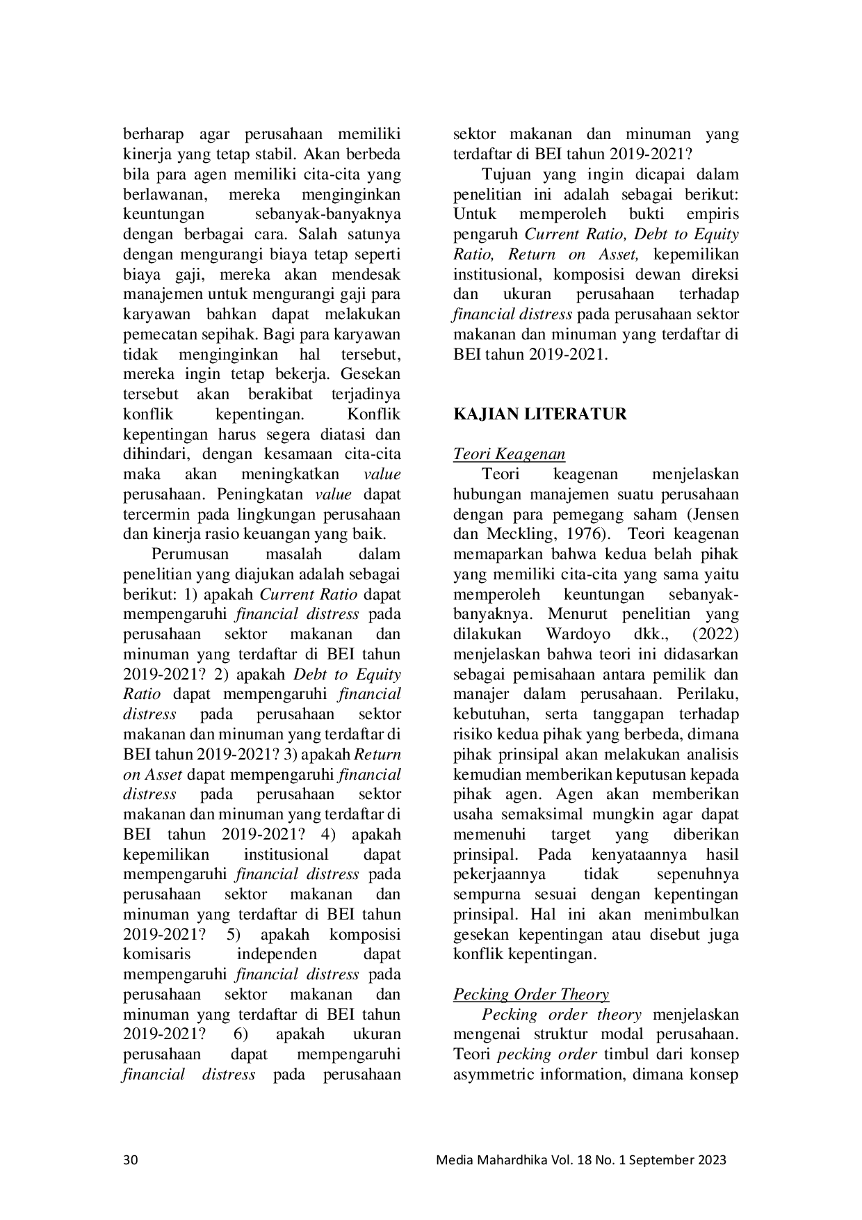 JURIS Pengaruh Determinan Financial Distress Pada Sektor Makanan Dan Minuman