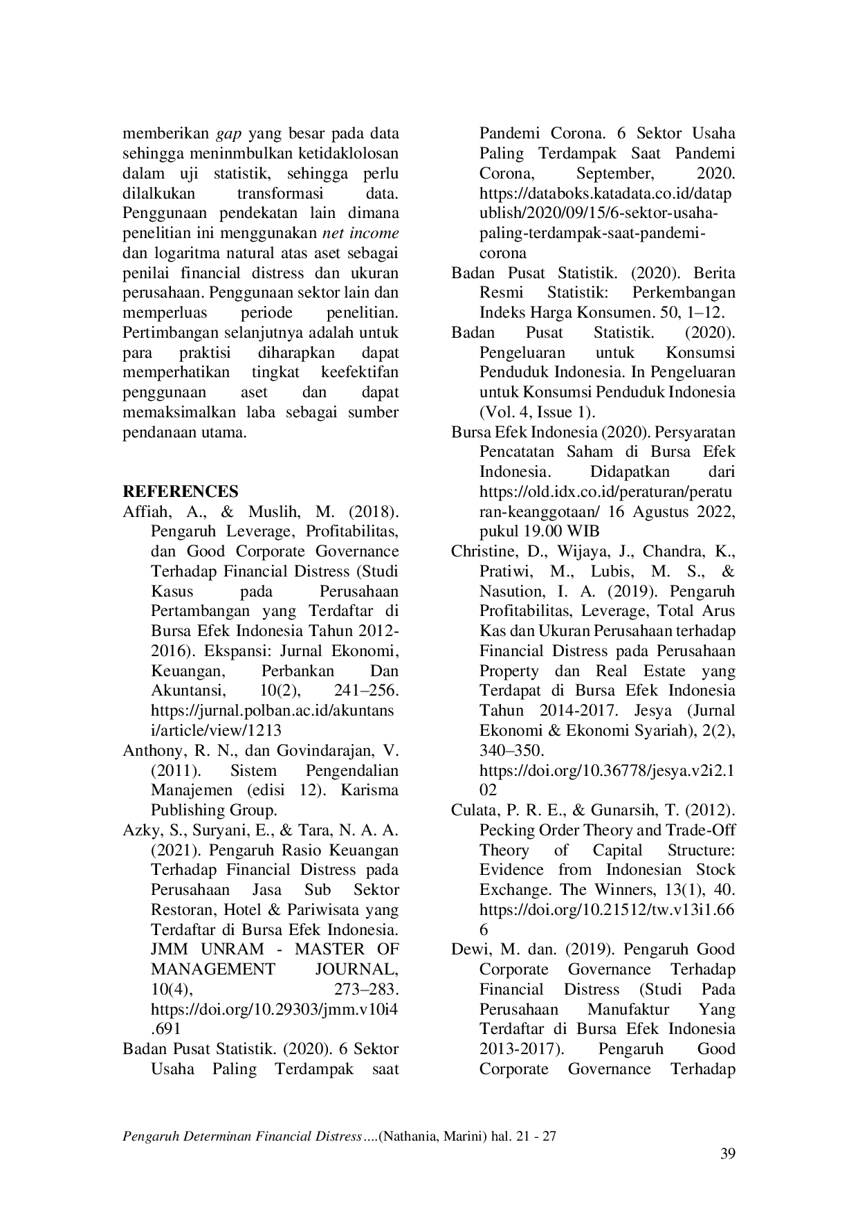 JURIS Pengaruh Determinan Financial Distress Pada Sektor Makanan Dan Minuman