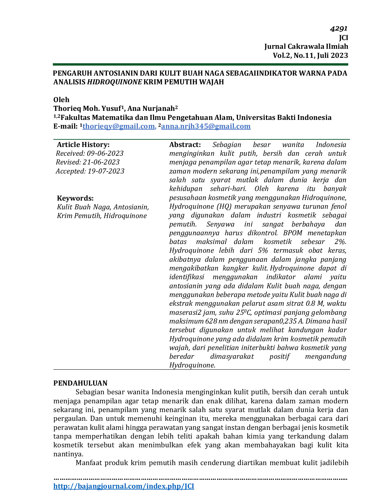 JURIS PENGARUH ANTOSIANIN DARI KULIT BUAH NAGA SEBAGAI INDIKATOR WARNA PADA ANALISIS HIDROQUINONE KRIM PEMUTIH WAJAH