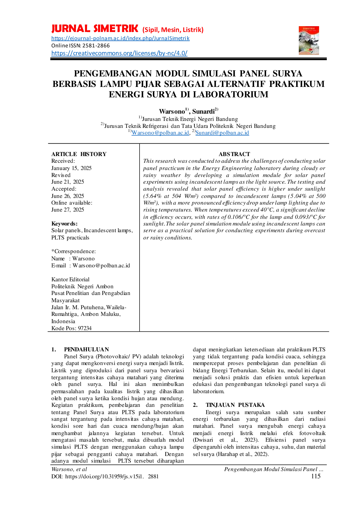 JURIS Pengembangan Modul Simulasi Panel Surya Berbasis Lampu Pijar Sebagai Alternatif Praktikum Energi Surya di Laboratorium