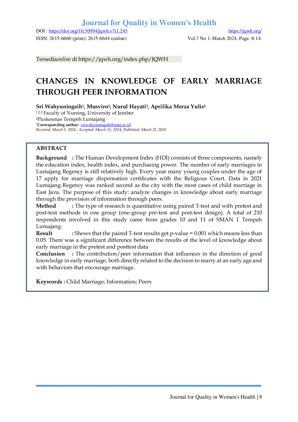 JURIS Changes In Knowledge Of Early Marriage Through Peer Information