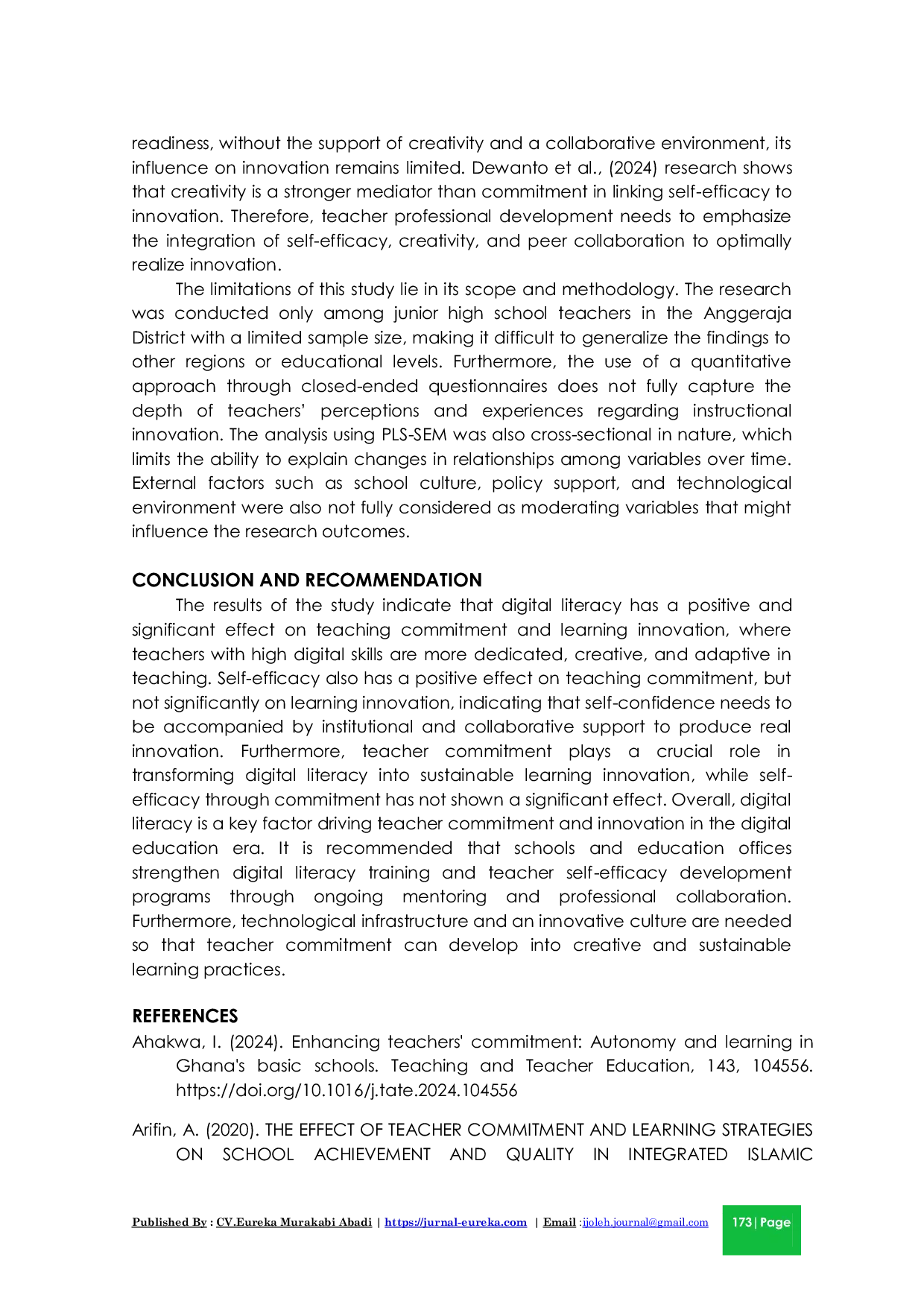 JURIS The Influence of Digital Literacy Self Efficacy and Teaching Commitment on Instructional Innovation of Junior High School Teachers