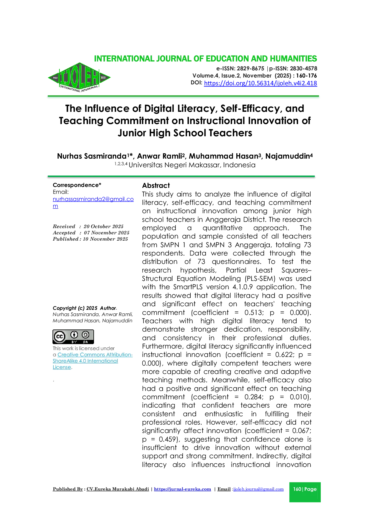 JURIS The Influence of Digital Literacy Self Efficacy and Teaching Commitment on Instructional Innovation of Junior High School Teachers