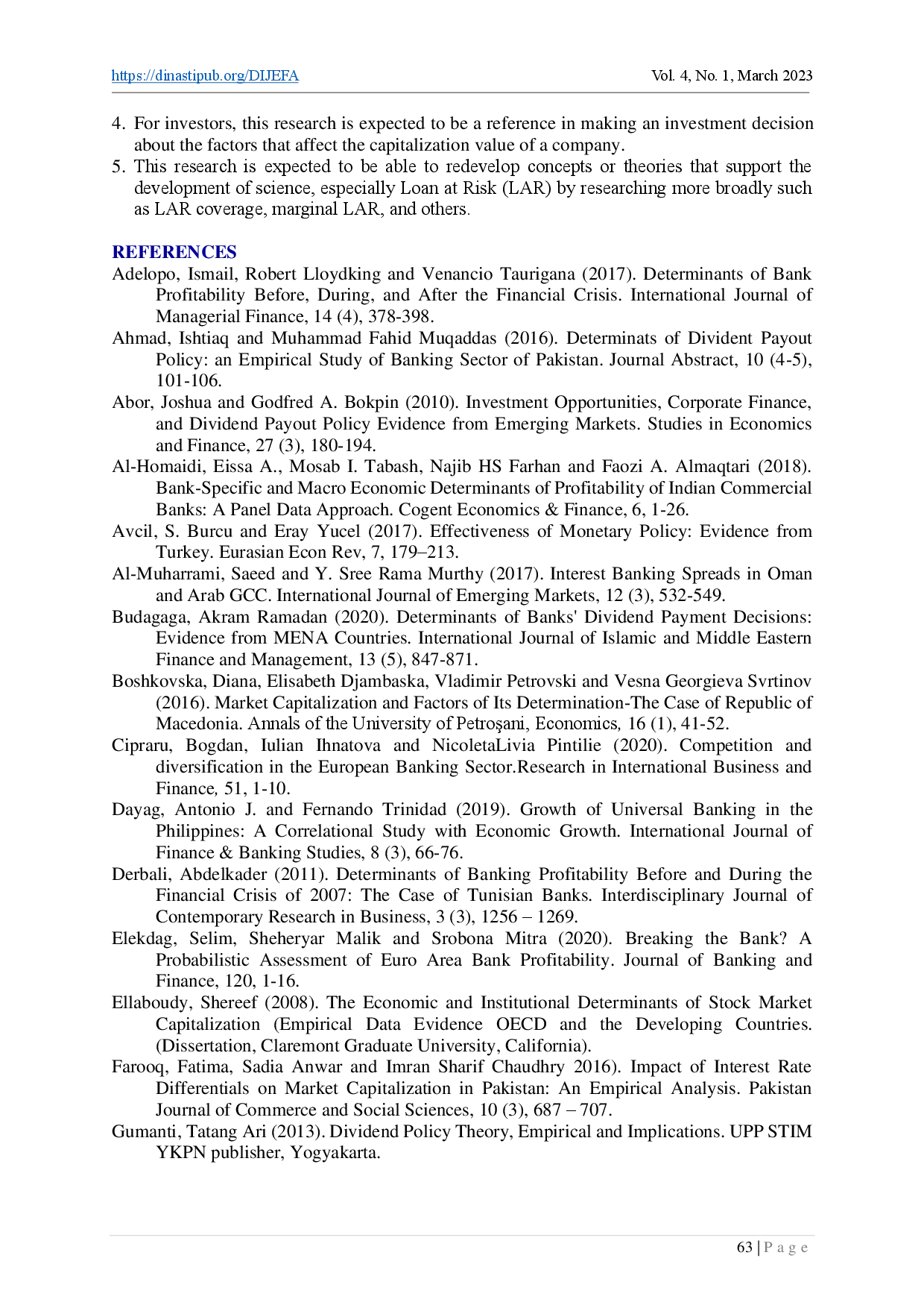 juris Determinants of Market Capitalization with Pofitability and Dividend Policy as Intervening Variables of State Owned Banks