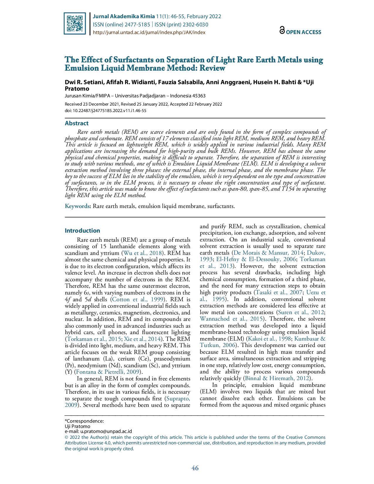juris The Effect of Surfactants on Separation of Light Rare Earth Metals using Emulsion Liquid Membrane Method Review