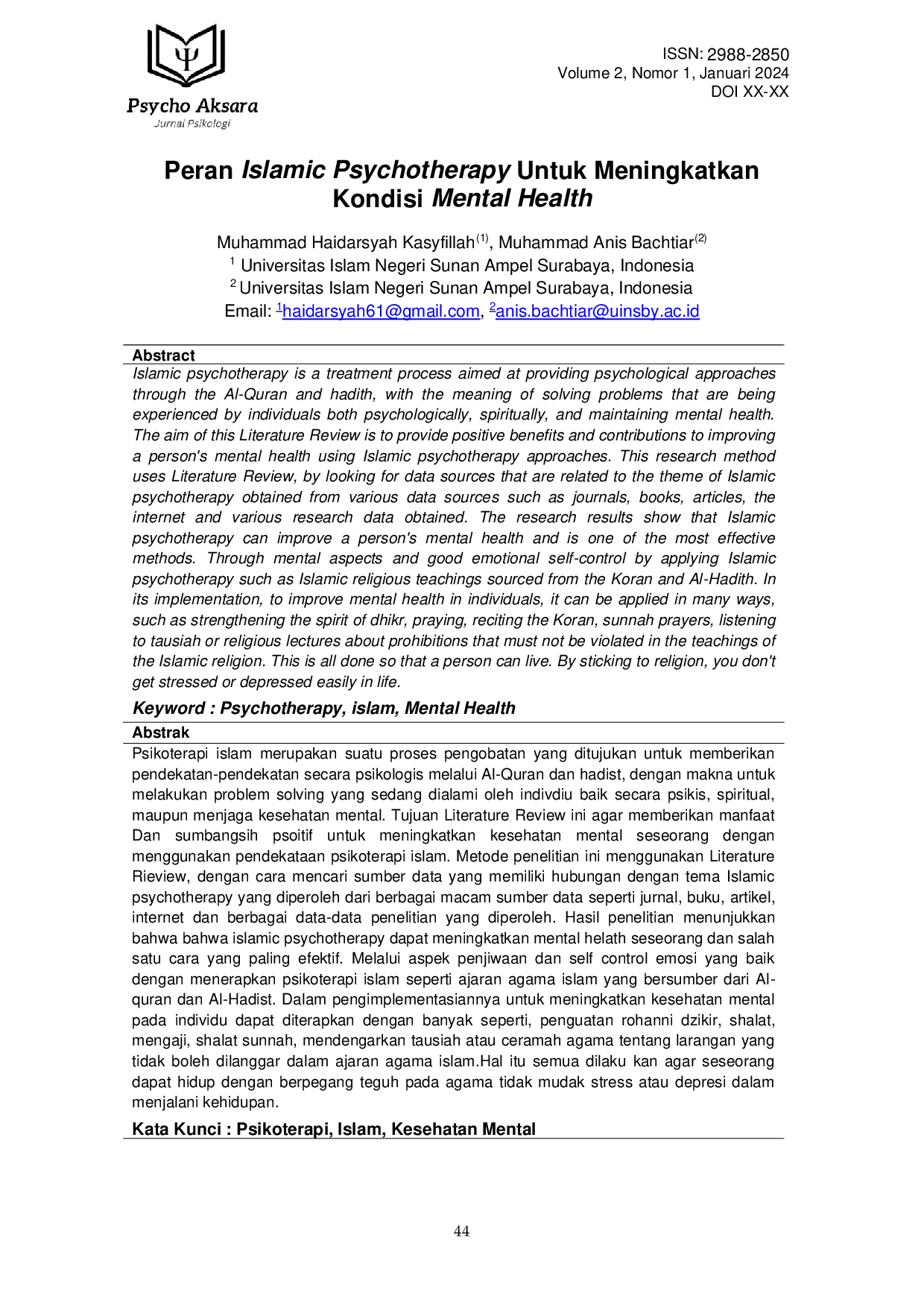 JURIS Haidarsyah Peran Islamic Psychotherapy Untuk Meningkatkan Kondisi Mental Health