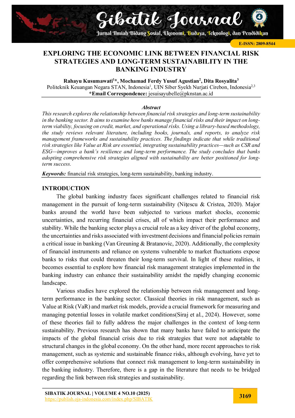 JURIS Exploring the Economic Link Between Financial Risk Strategies and Long Term Sustainability in the Banking Industry