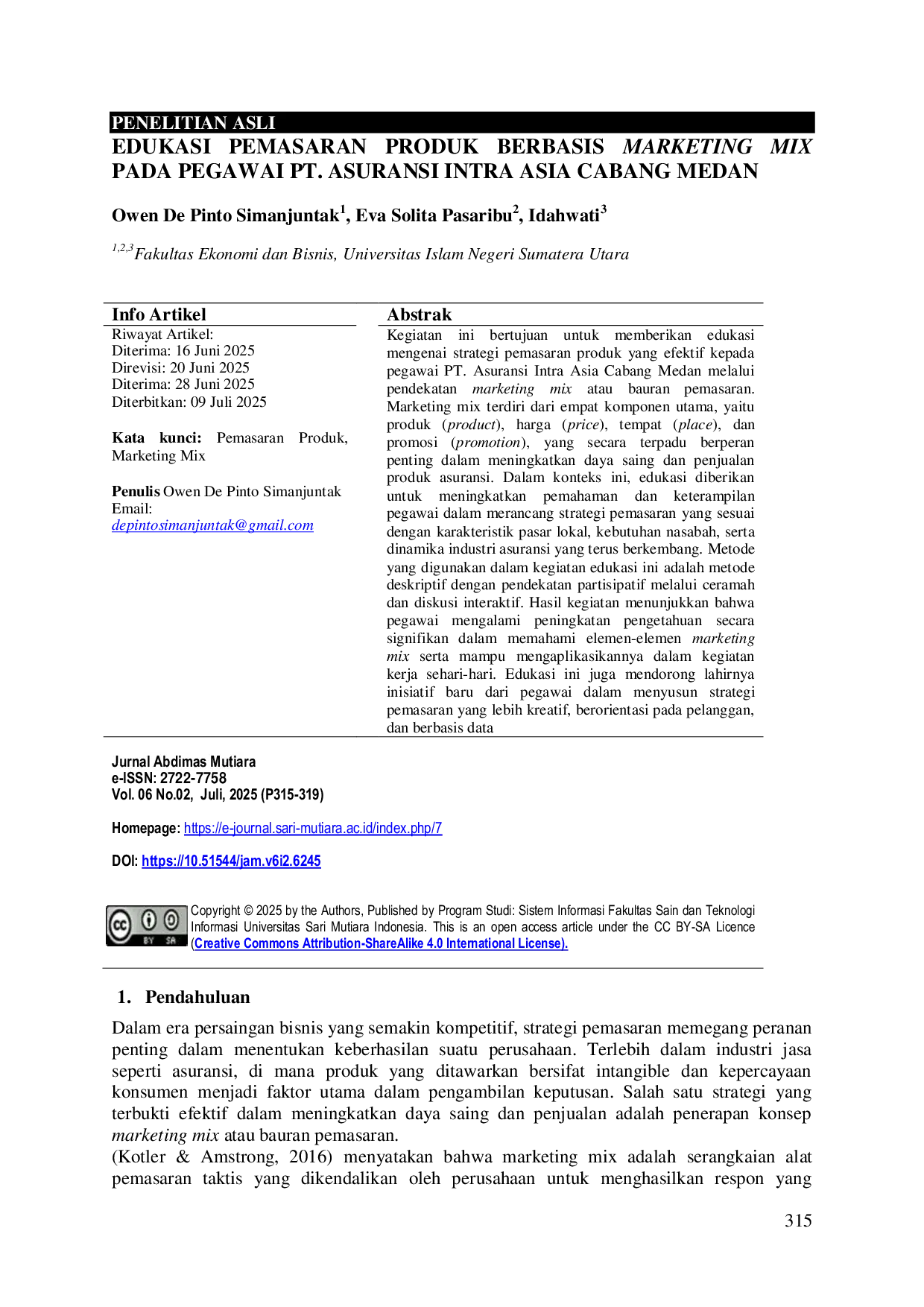 JURIS Edukasi Pemasaran Produk Berbasis Marketing Mix Pada Pegawai Pt Asuransi Intra Asia Cabang Medan