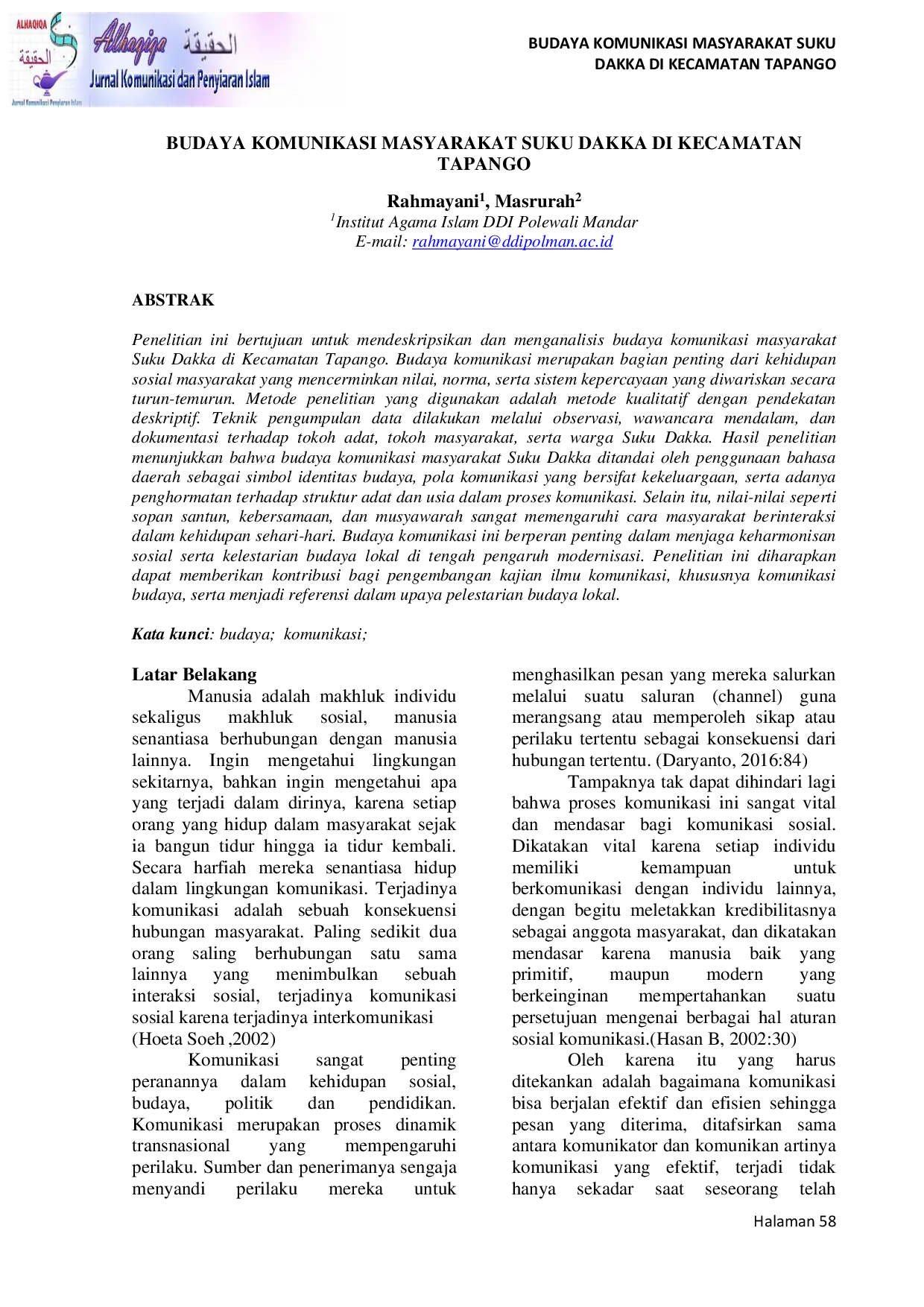 JURIS Budaya Komunikasi Masyarakat Suku Dakka di Kecamatan Tapango