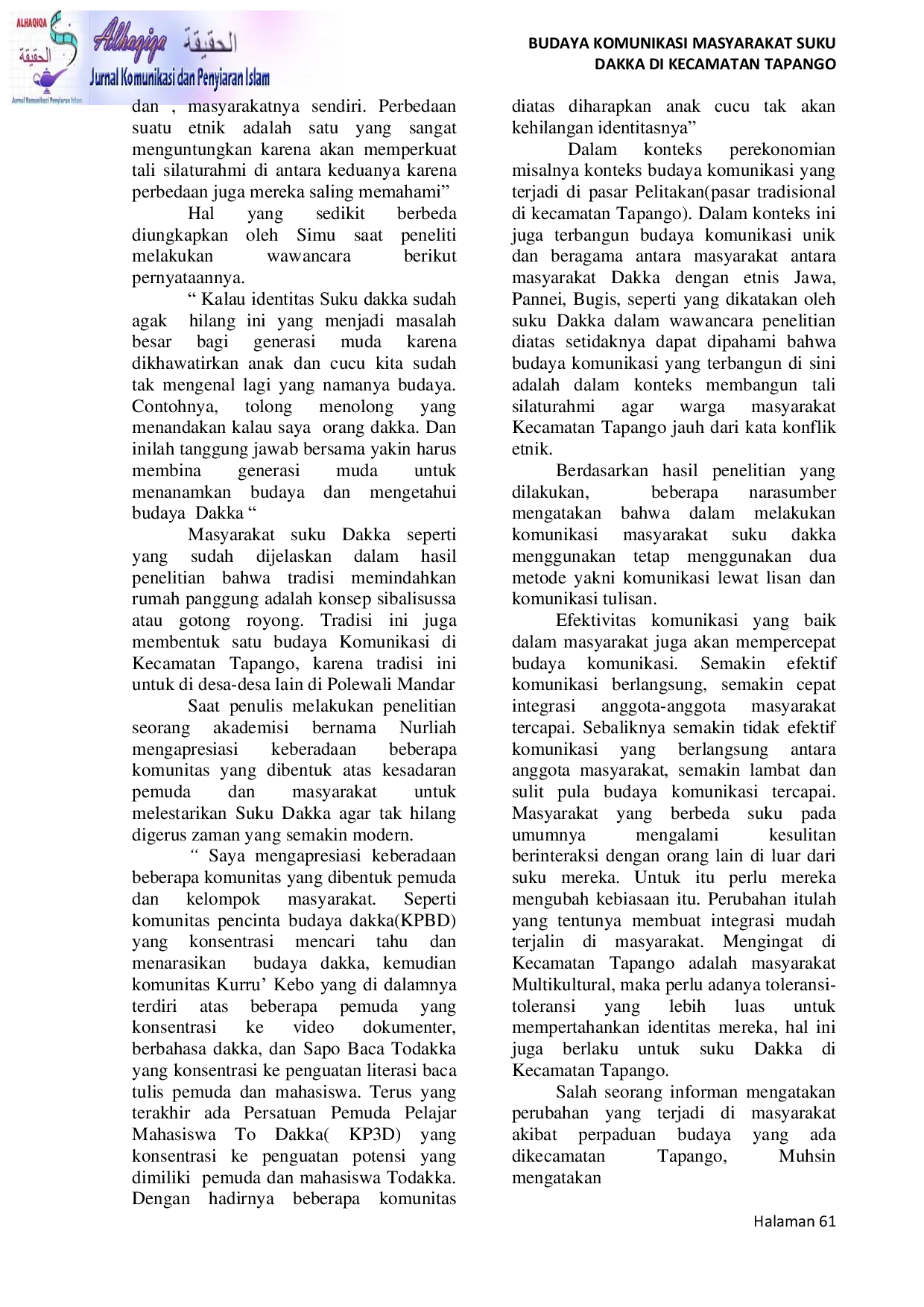 JURIS Budaya Komunikasi Masyarakat Suku Dakka di Kecamatan Tapango