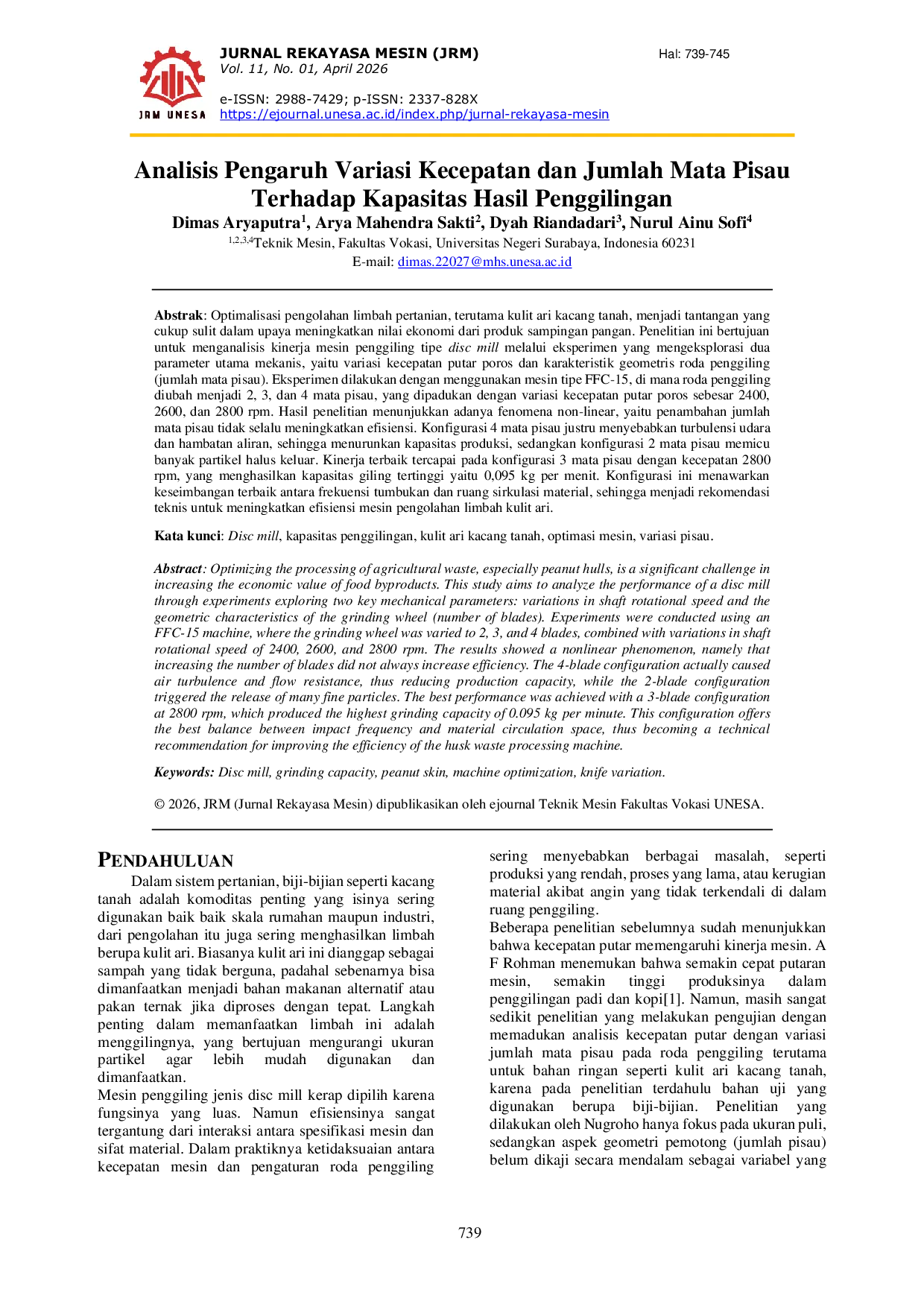 JURIS Analisis Pengaruh Variasi Kecepatan dan Karakteristik Roda Penggiling Terhadap Kapasitas Hasil Penggilingan