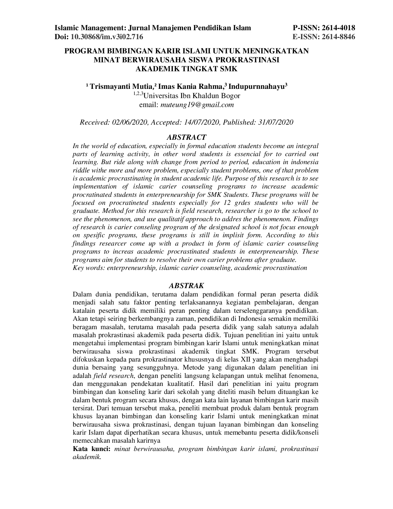 JURIS Program Bimbingan Karir Islami Untuk Meningkatkan Minat Berwirausaha Siswa Prokrastinasi Akademik Tingkat SMK