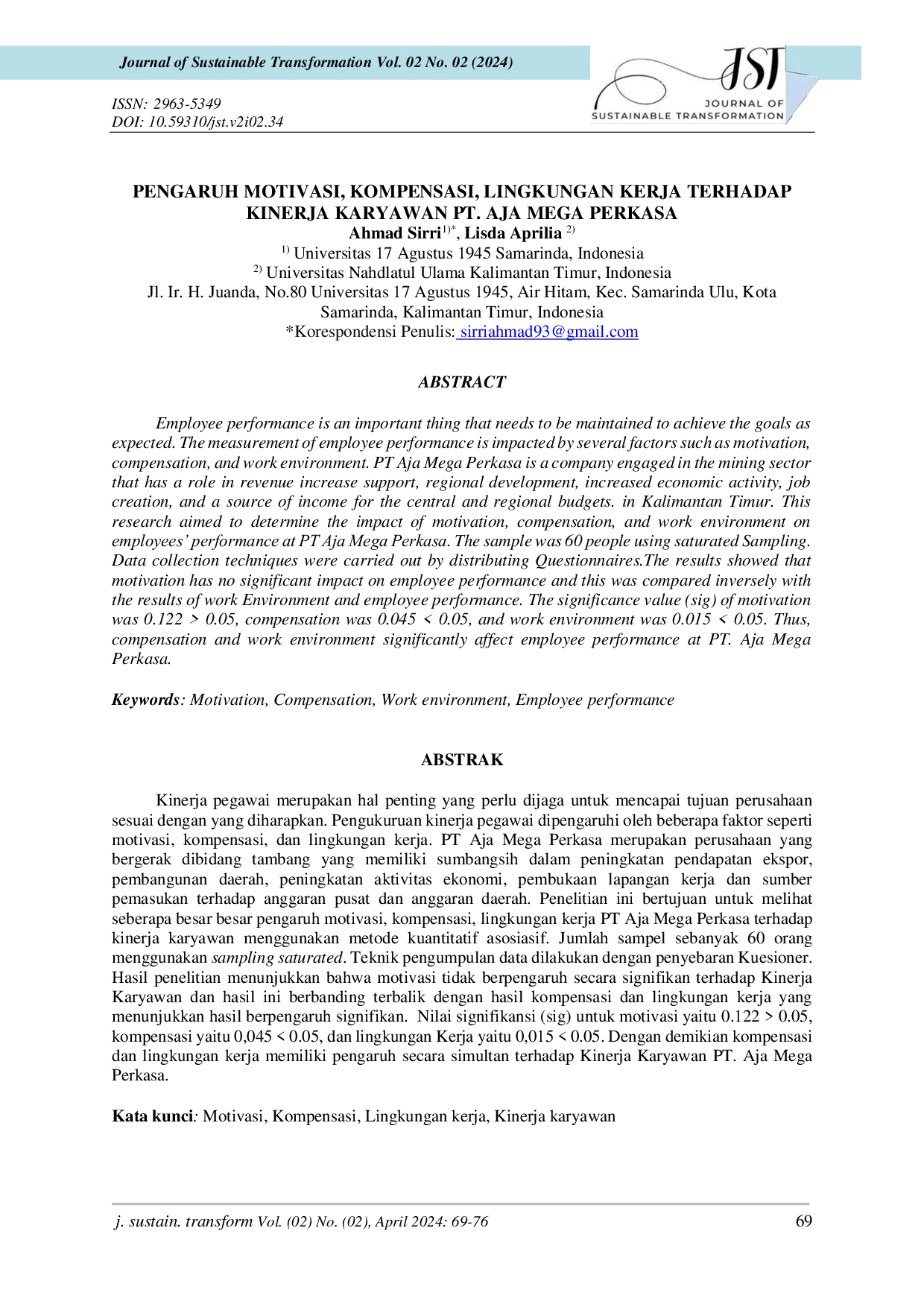JURIS Pengaruh Motivasi Kompensasi Lingkungan Kerja Terhadap Kinerja Karyawan PT Aja Mega Perkasa