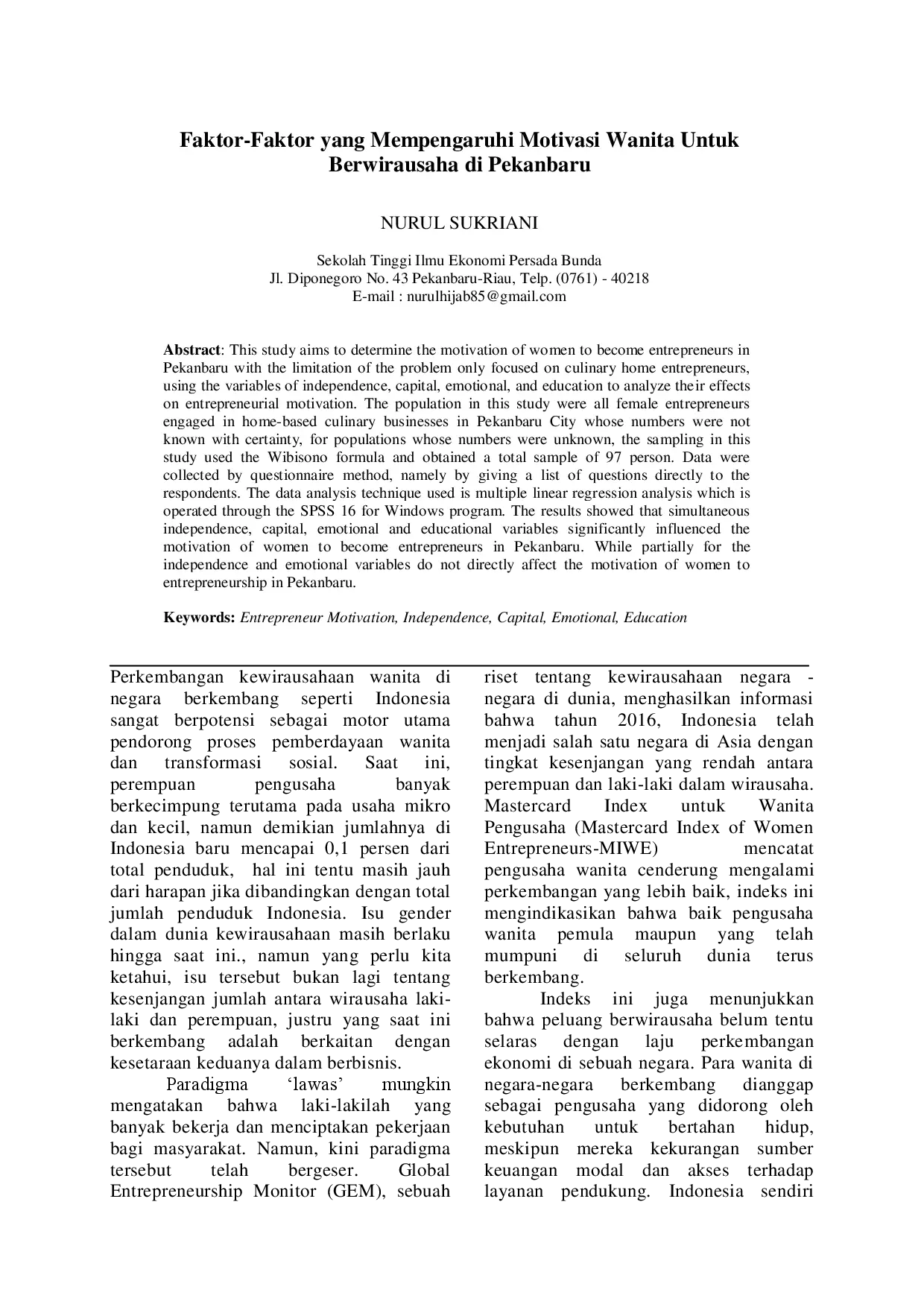 juris Faktor Faktor Yang Mempengaruhi Motivasi Wanita Untuk Berwirausaha Di Pekanbaru