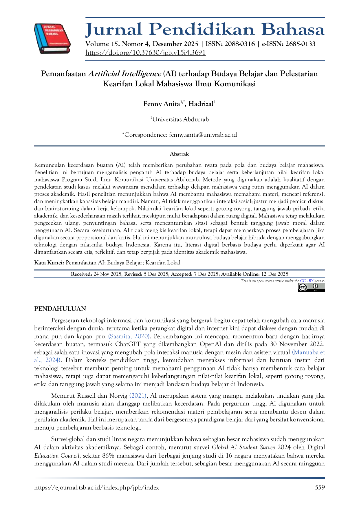 JURIS Pemanfaatan Artificial Intelligence AI terhadap Budaya Belajar dan Pelestarian Kearifan Lokal Mahasiswa Ilmu Komunikasi