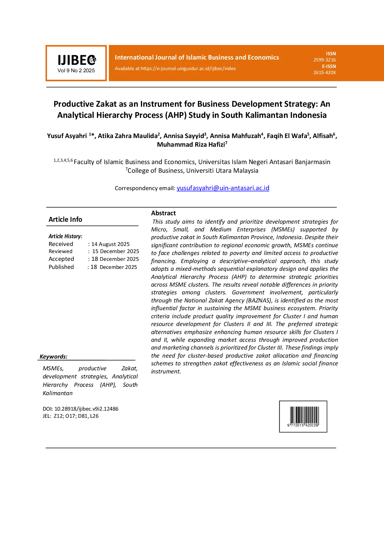 JURIS Productive Zakat As An Instrument For Business Development Strategy An Analytical Hierarchy Process Ahp Study In South Kalimantan Indonesia