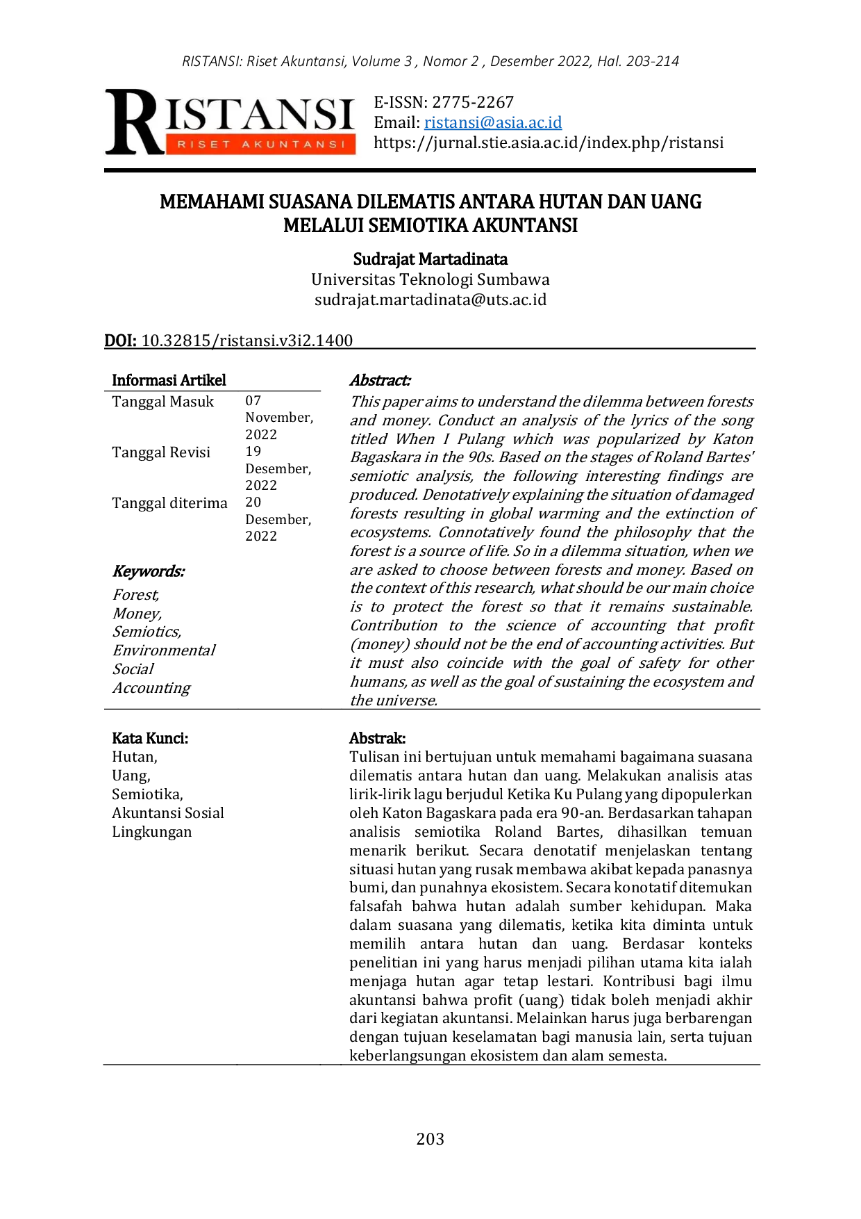 JURIS Memahami Suasana Dilematis Antara Hutan dan Uang Melalui Semiotika Akuntansi