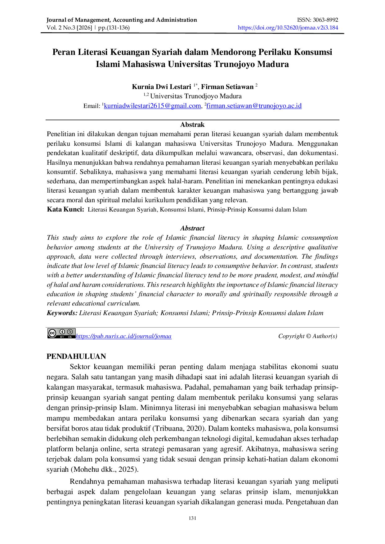 JURIS Peran Literasi Keuangan Syariah dalam Mendorong Perilaku Konsumsi Islami Mahasiswa Universitas Trunojoyo Madura