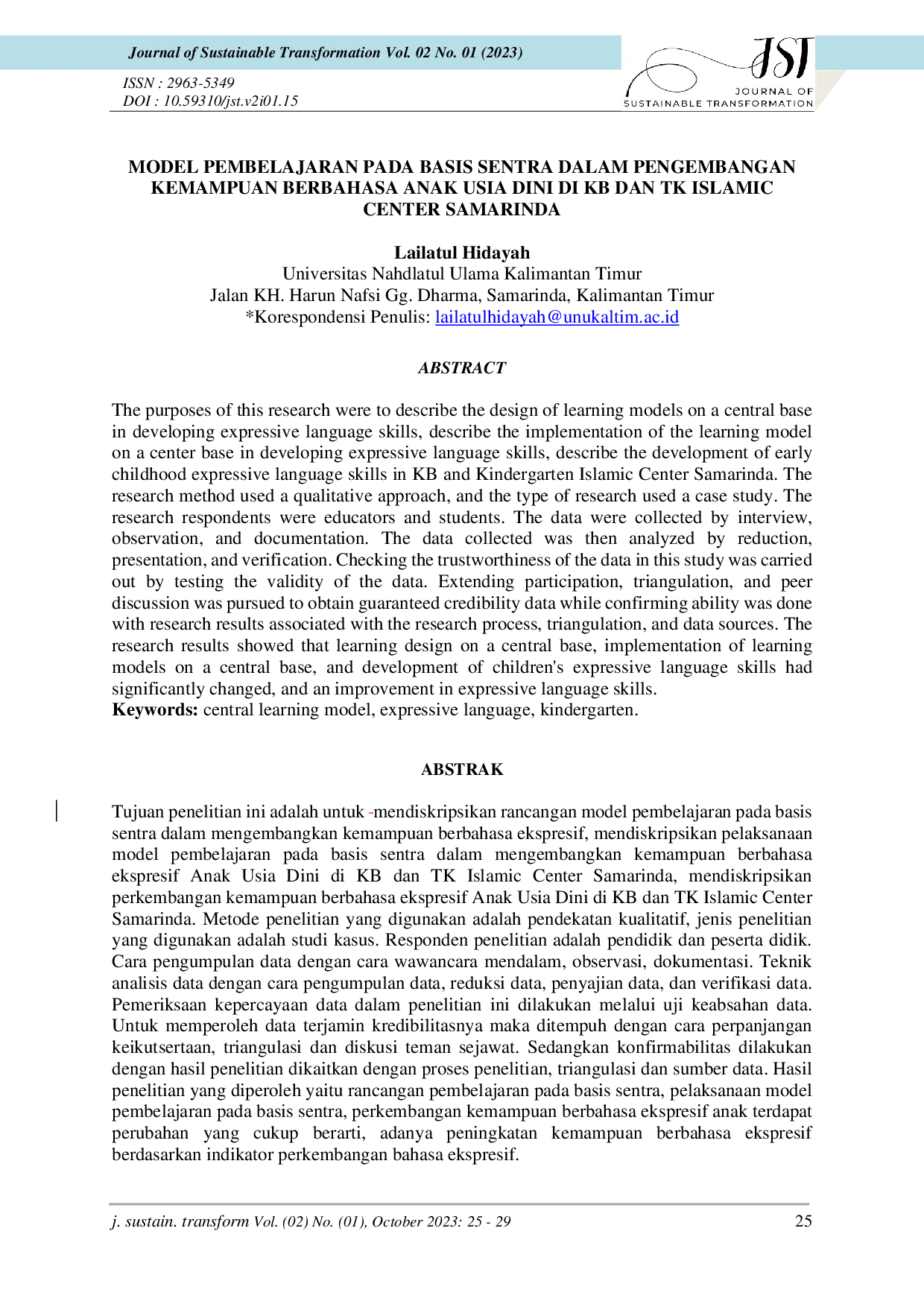 JURIS Model Pembelajaran Pada Basis Sentra Dalam Pengembangan Kemampuan Berbahasa Anak Usia Dini Di Kb Dan Tk Islamic Center Samarinda