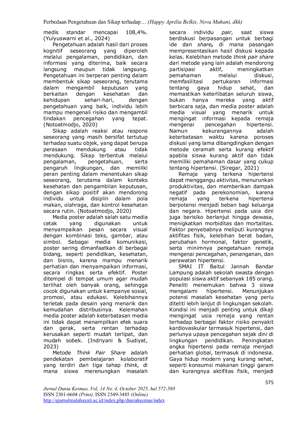 JURIS Differences in Knowledge and Attitudes Towards Hypertension Prevention Through Poster Media with the Think Pair Share Method