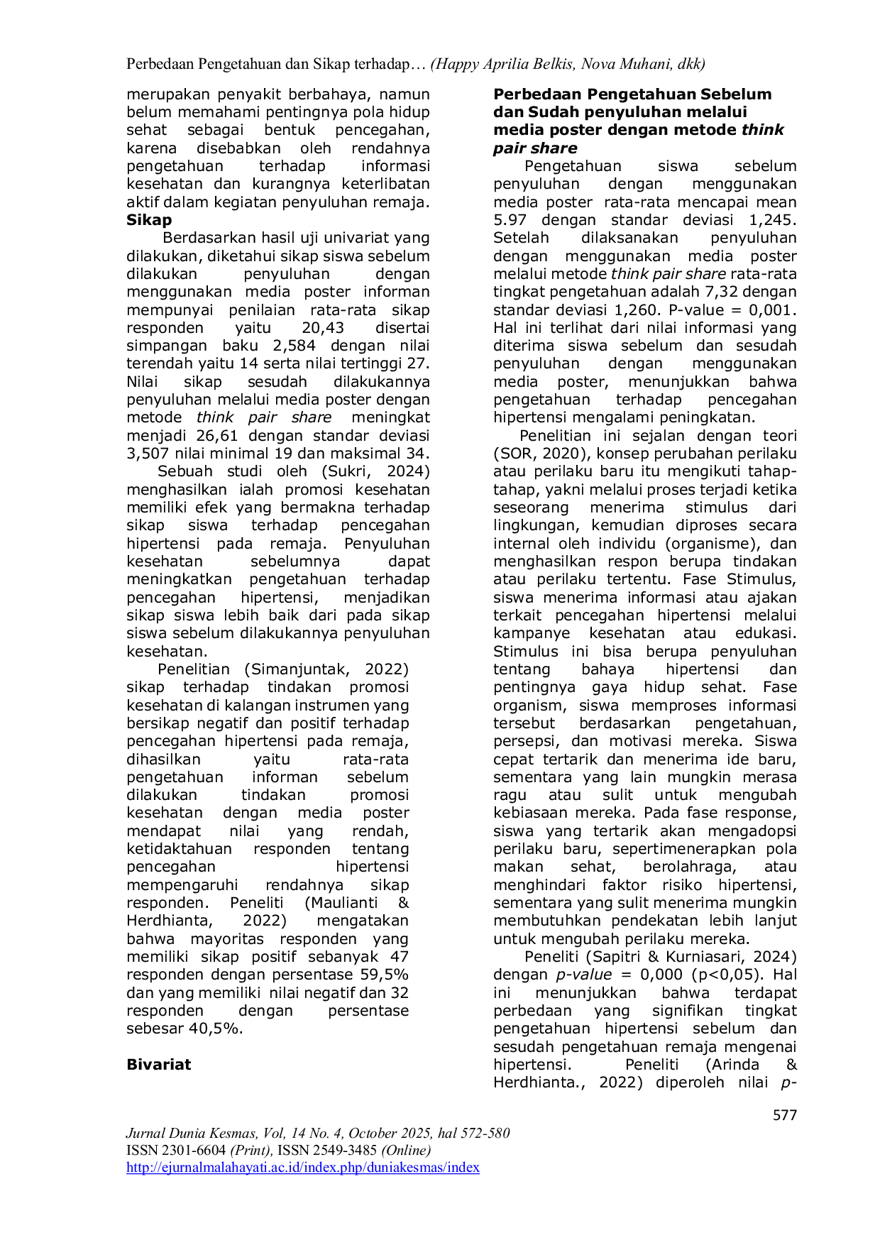 JURIS Differences in Knowledge and Attitudes Towards Hypertension Prevention Through Poster Media with the Think Pair Share Method