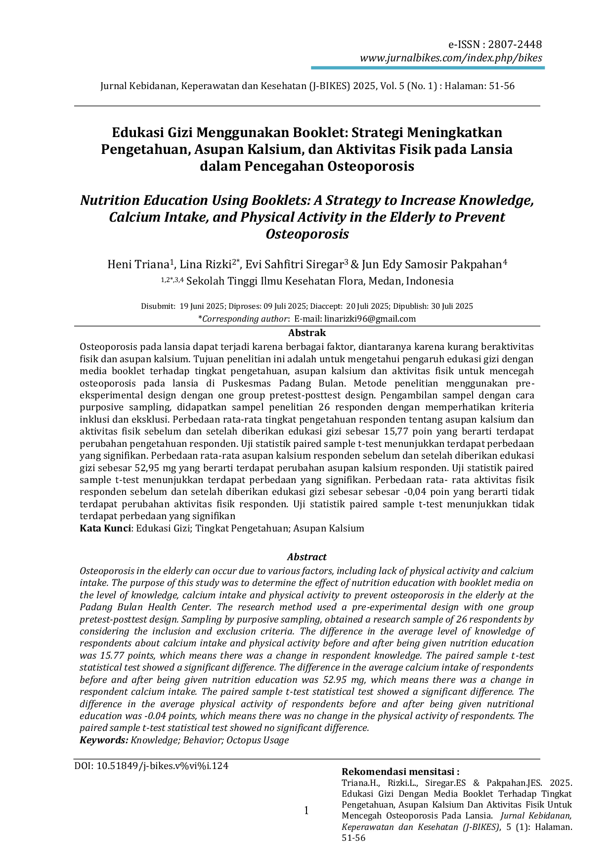 JURIS Edukasi Gizi Menggunakan Booklet Strategi Meningkatkan Pengetahuan Asupan Kalsium dan Aktivitas Fisik pada Lansia dalam Pencegahan Osteoporosis