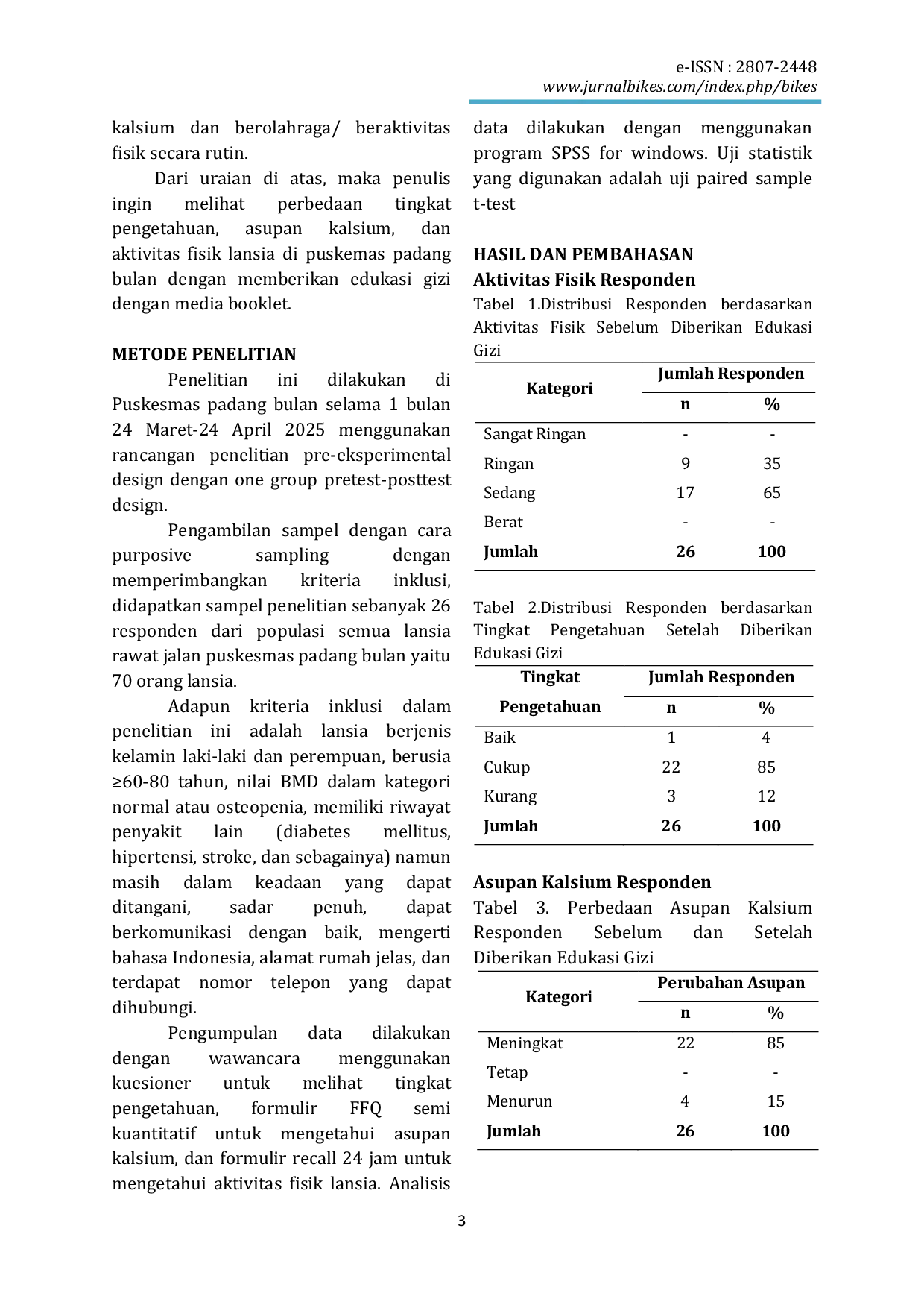 JURIS Edukasi Gizi Menggunakan Booklet Strategi Meningkatkan Pengetahuan Asupan Kalsium dan Aktivitas Fisik pada Lansia dalam Pencegahan Osteoporosis