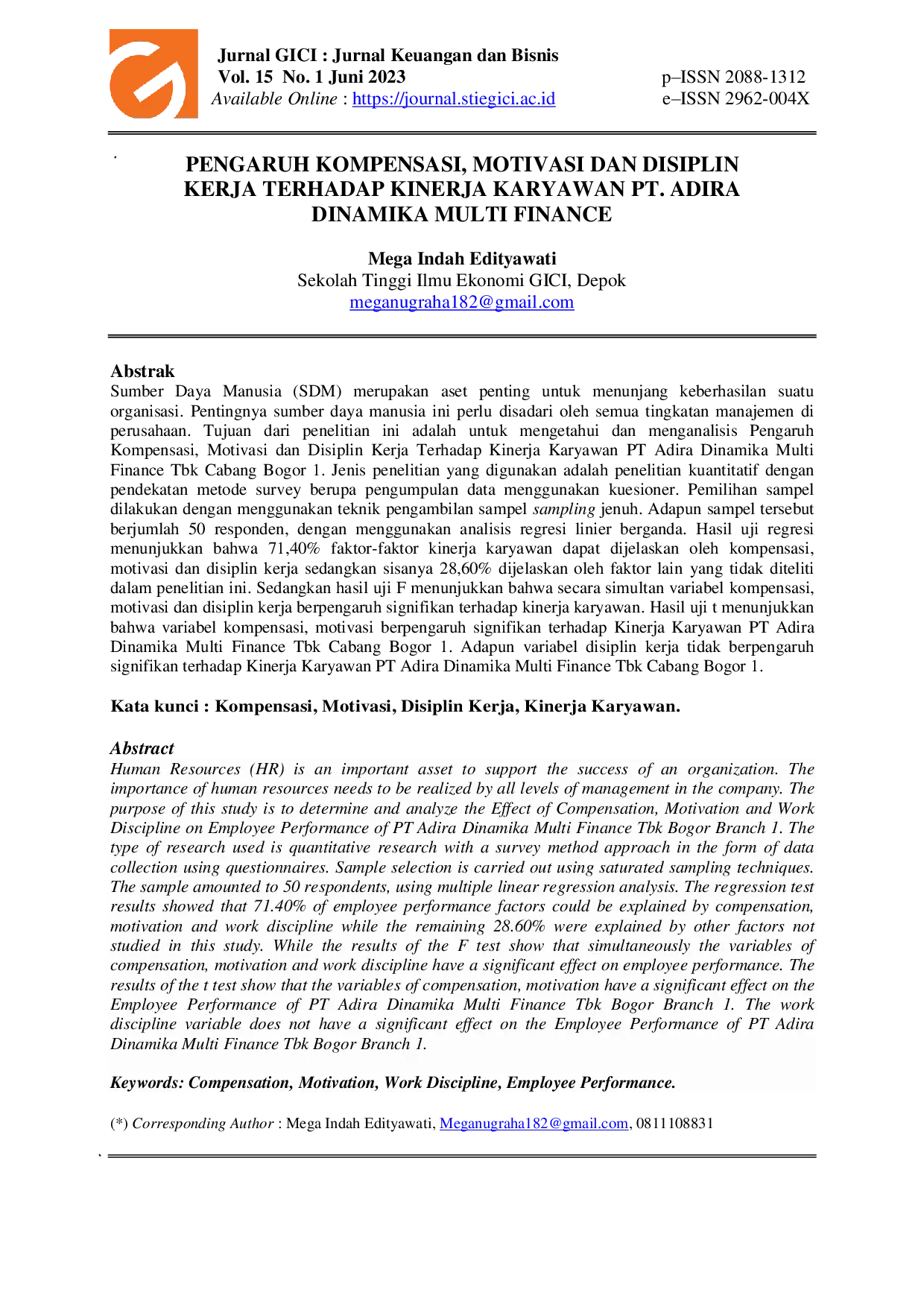 JURIS Pengaruh Kompensasi Motivasi Dan Disiplin Kerja Terhadap Kinerja Karyawan Pt Adira Dinamika Multi Finance