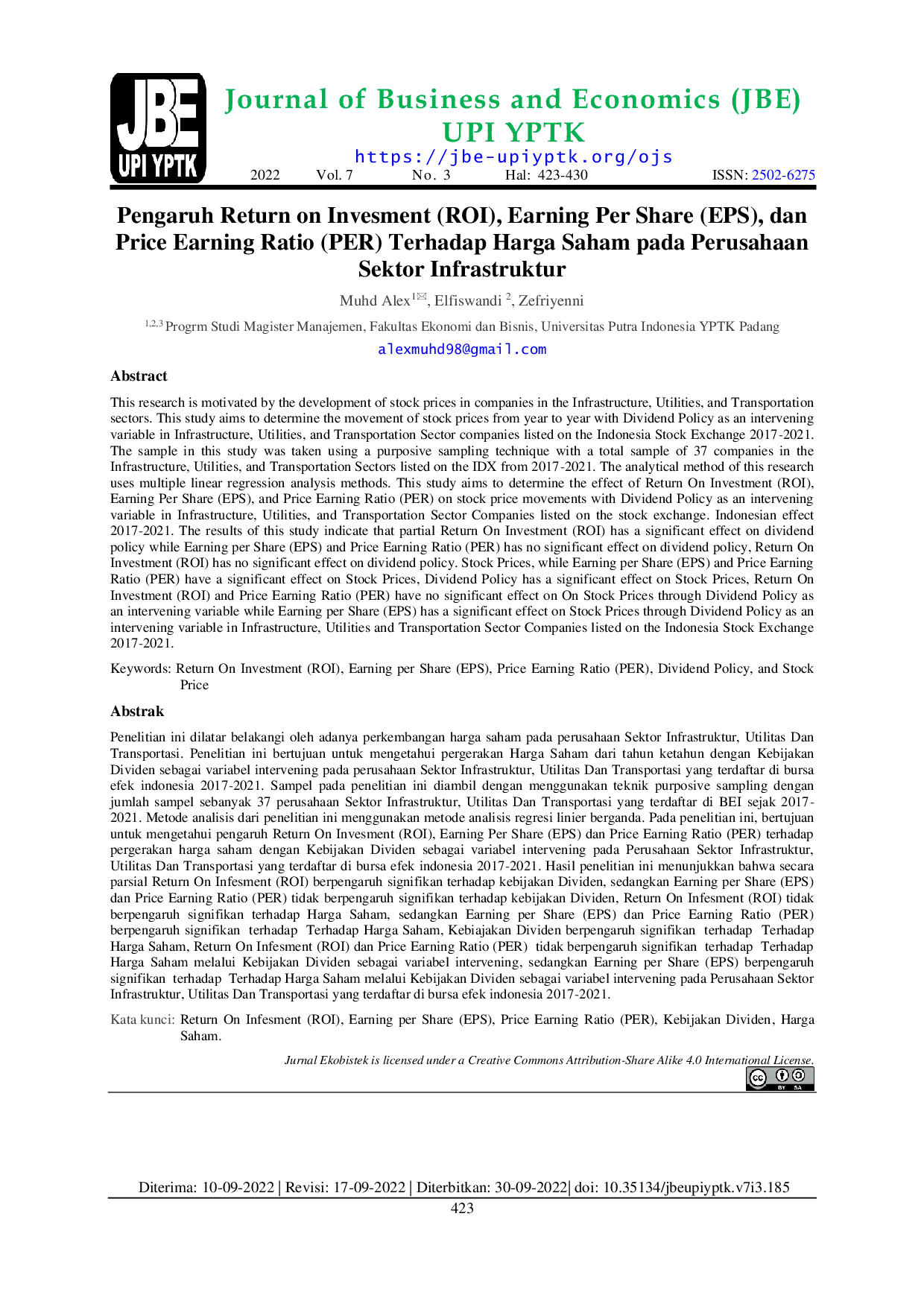JURIS Pengaruh Return on Invesment ROI Earning Per Share EPS dan Price Earning Ratio PER Terhadap Harga Saham pada Perusahaan Sektor Infrastruktur