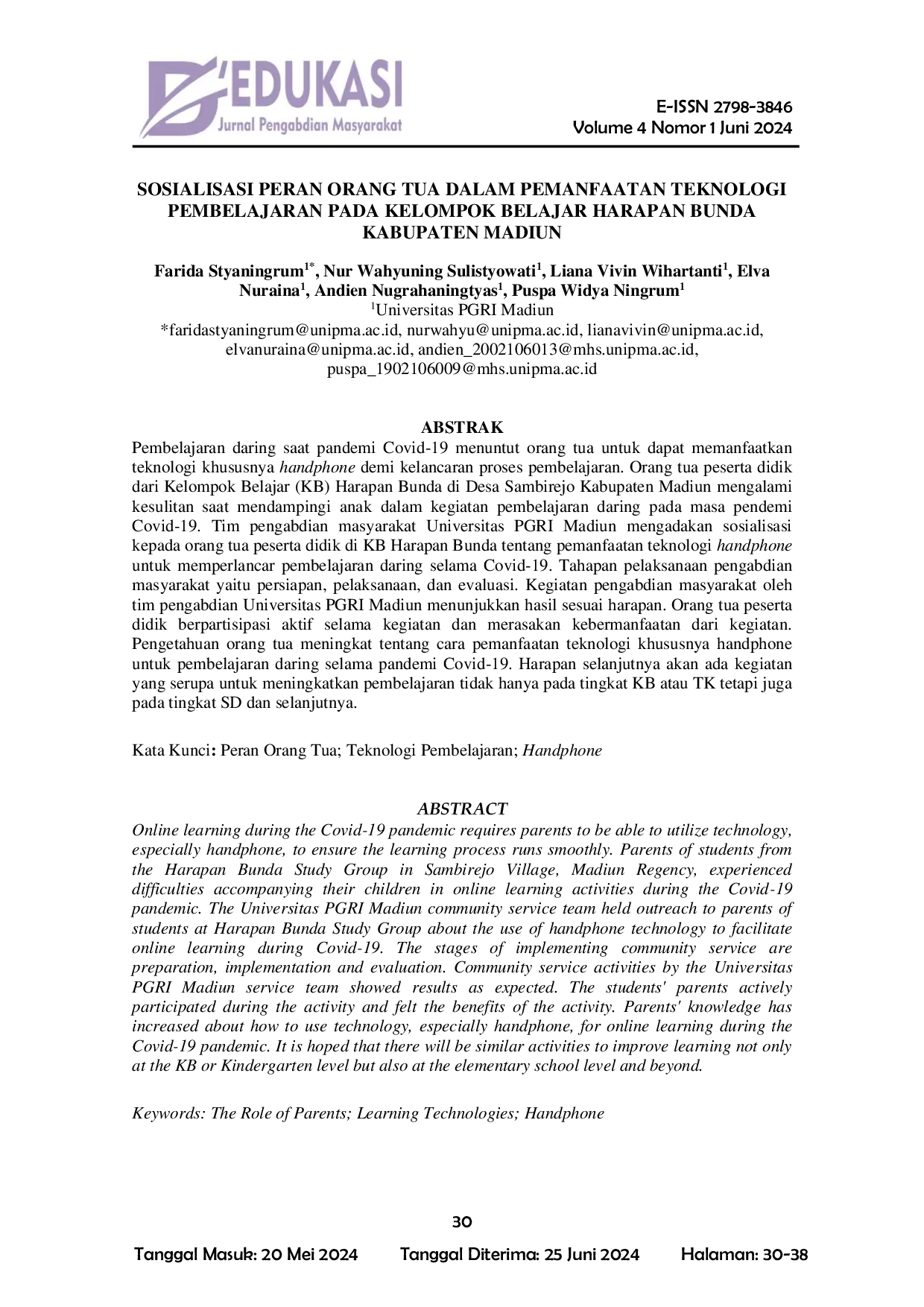 JURIS Sosialisasi Peran Orang Tua dalam Pemanfaatan Teknologi Pembelajaran pada Kelompok Belajar Harapan Bunda Kabupaten Madiun