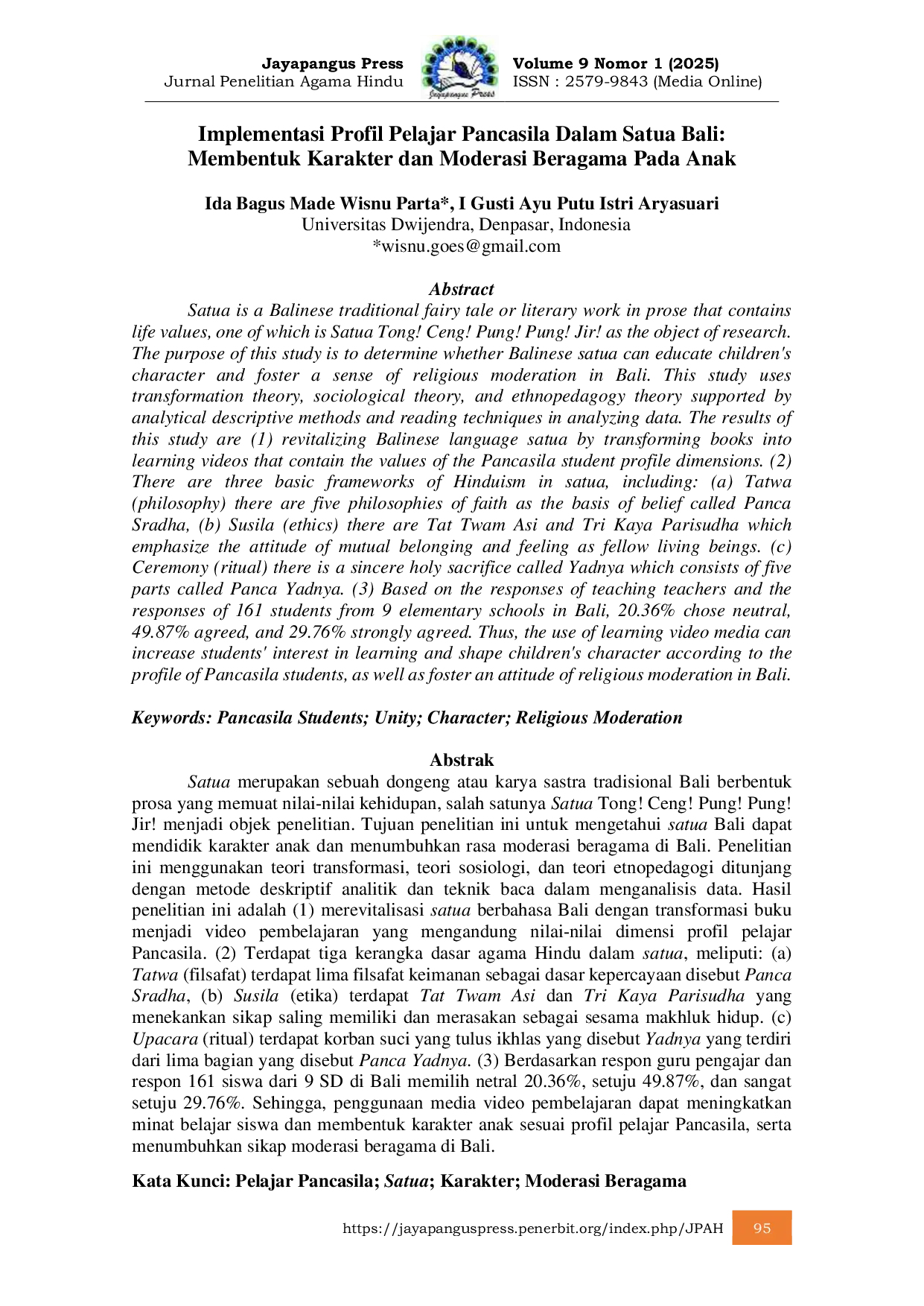 JURIS Implementasi Profil Pelajar Pancasila Dalam Satua Bali Membentuk Karakter dan Moderasi Beragama Pada Anak