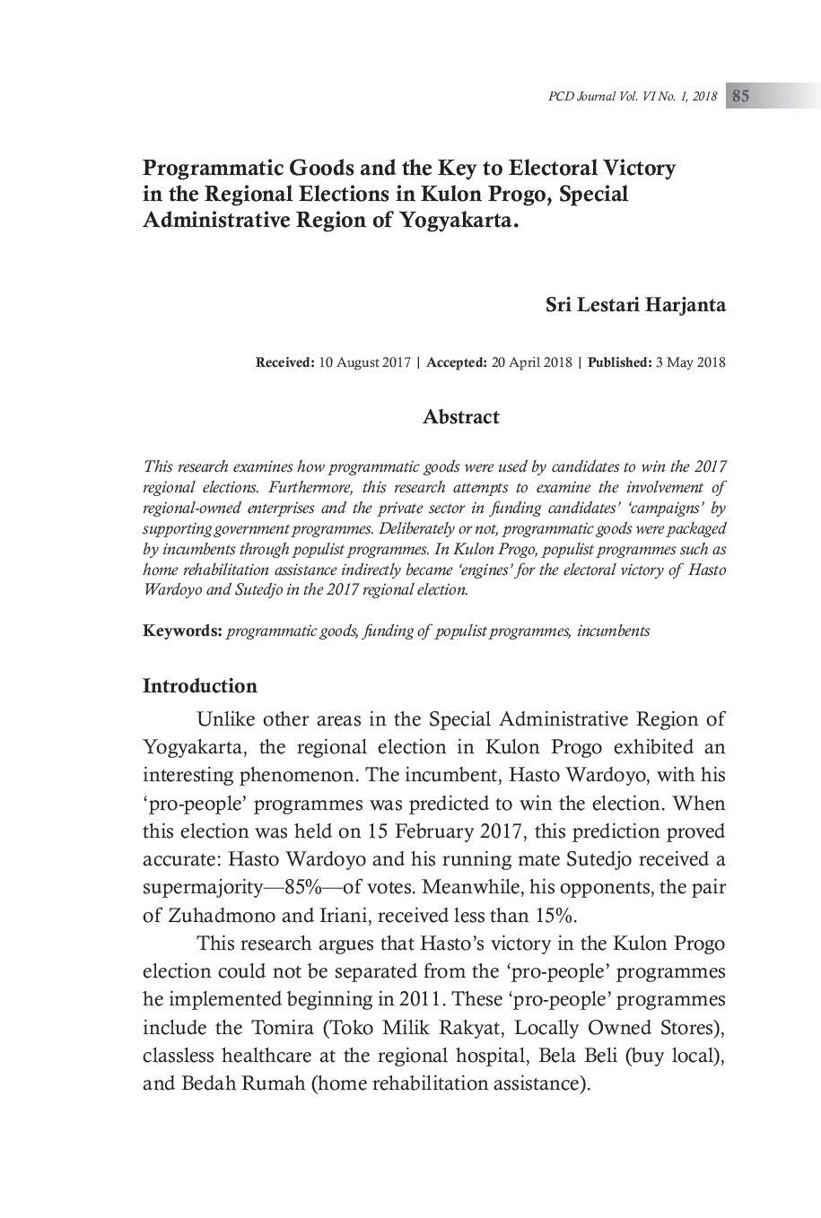 JURIS Programmatic Goods Populist Program Funding and Key Victory Incumbent In Pilkada Kulon Progo DIY
