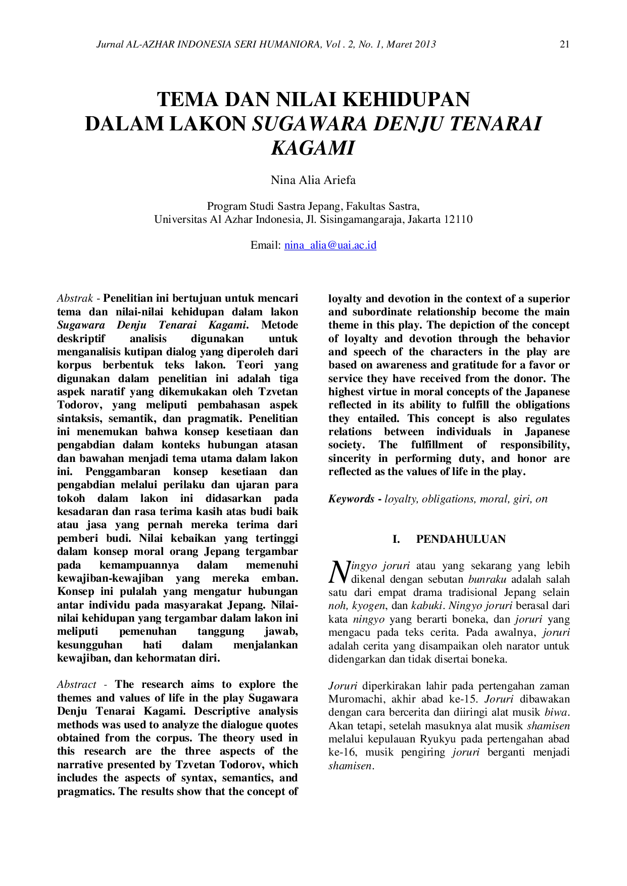 JURIS Tema dan Nilai Kehidupan dalam Lakon Sugawara Denju Tenarai Kagami
