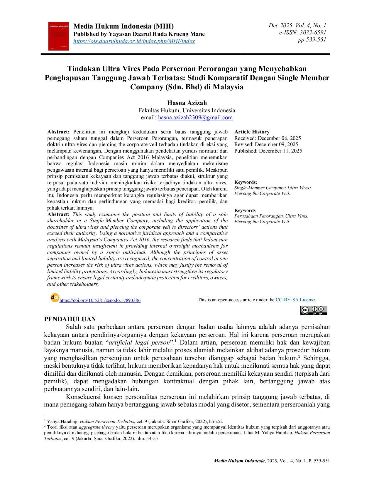 JURIS Tindakan Ultra Vires Pada Perseroan Perorangan yang Menyebabkan Penghapusan Tanggung Jawab Terbatas Studi Komparatif Dengan Single Member Company Sdn Bhd di Malaysia