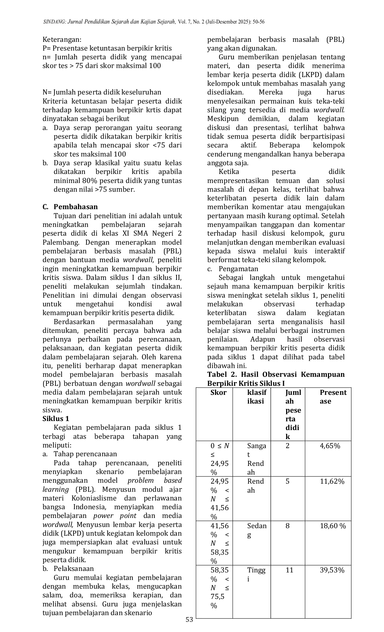 JURIS Penerapan Model Problem Based Learning Berbatuan Wordwall Untuk Meningkatkan Kemampuan Berpikir Kritis Peserta Didik Pada Mata Pelajaran Sejarah