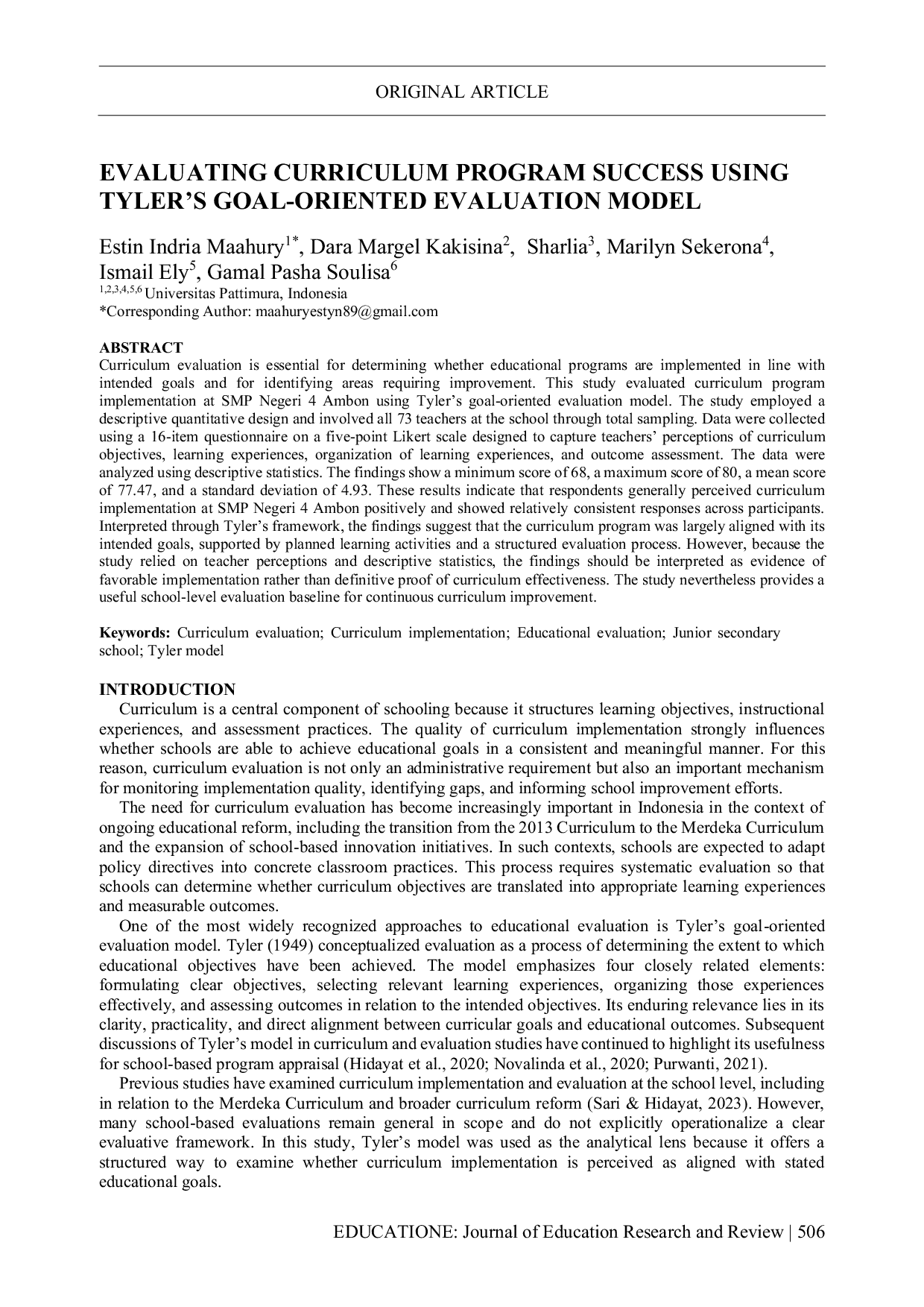 JURIS EVALUATING CURRICULUM PROGRAM SUCCESS USING TYLER S GOAL ORIENTED EVALUATION MODEL