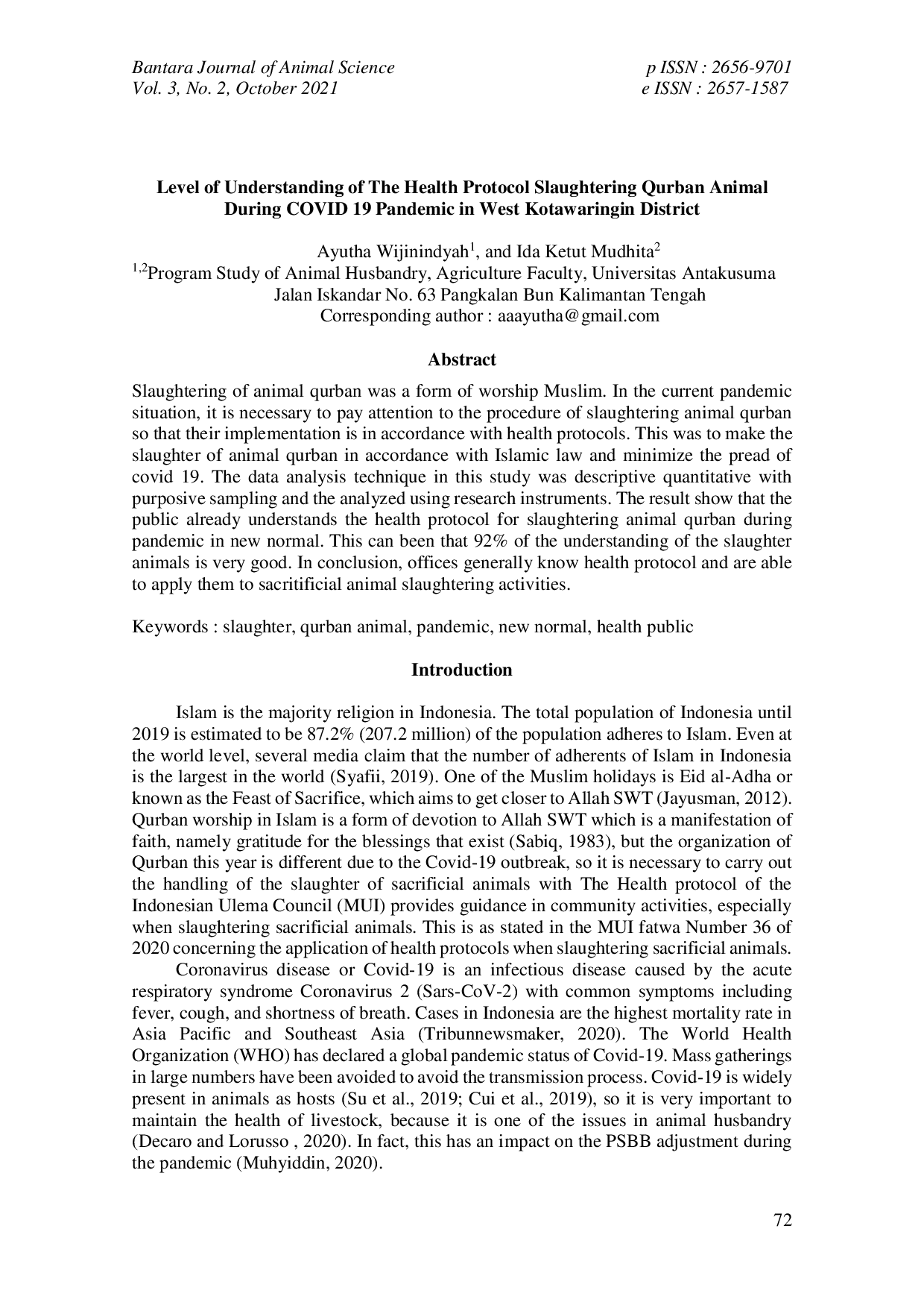JURIS Level of Understanding of The Health Protocol Slaughtering Qurban Animal During COVID 19 Pandemic in West Kotawaringin District