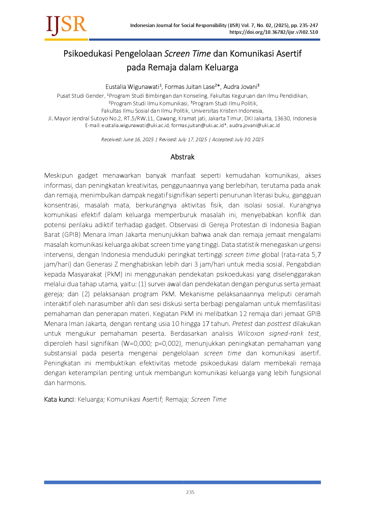 juris Psikoedukasi Pengelolaan Screen Time dan Komunikasi Asertif pada Remaja dalam Keluarga