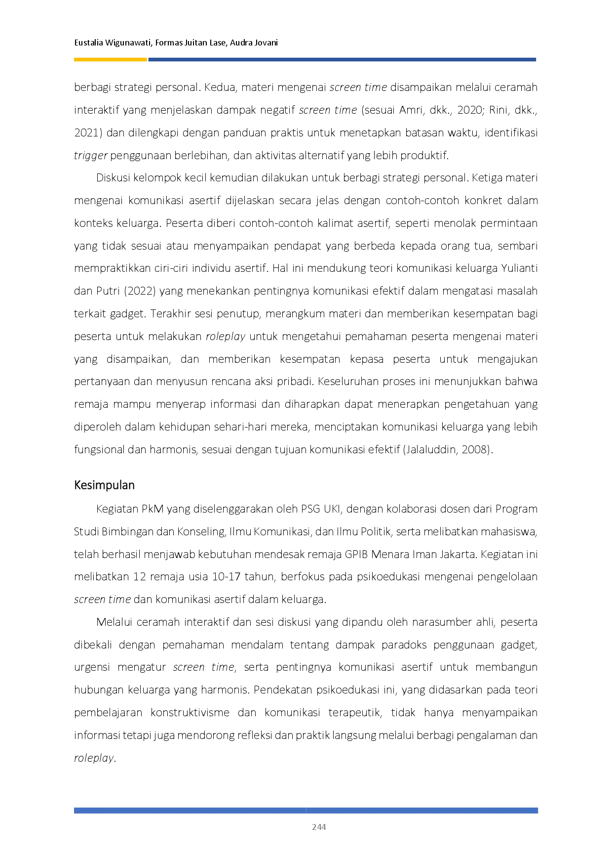 juris Psikoedukasi Pengelolaan Screen Time dan Komunikasi Asertif pada Remaja dalam Keluarga