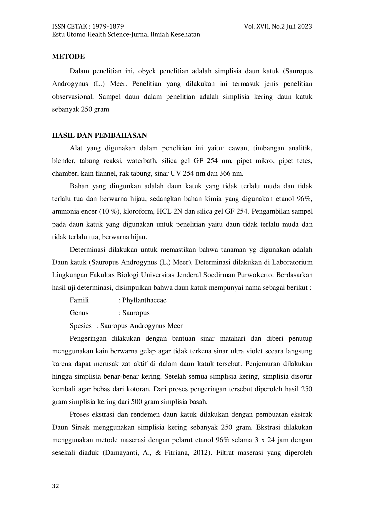 JURIS IDENTIFIKASI SENYAWA ALKALOID PADA DAUN KATUK Sauropus Androgynus L Meer DENGAN METODE KROMATOGRAFI LAPIS TIPIS